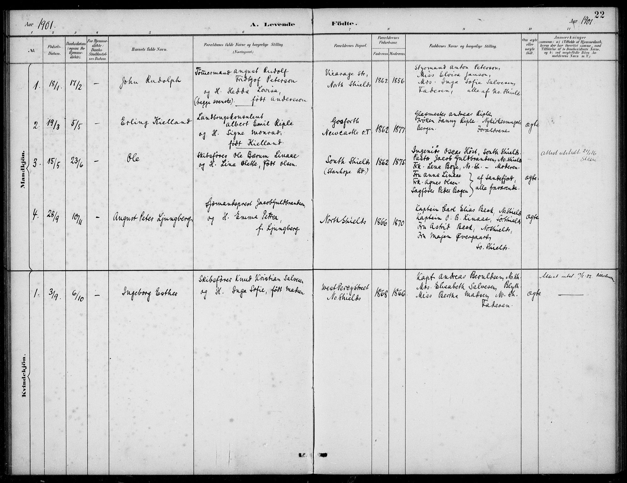 Den norske sjømannsmisjon i utlandet/Tyne-havnene (North Shields og New Castle), AV/SAB-SAB/PA-0101/H/Ha/L0002: Parish register (official) no. A 2, 1883-1938, p. 22