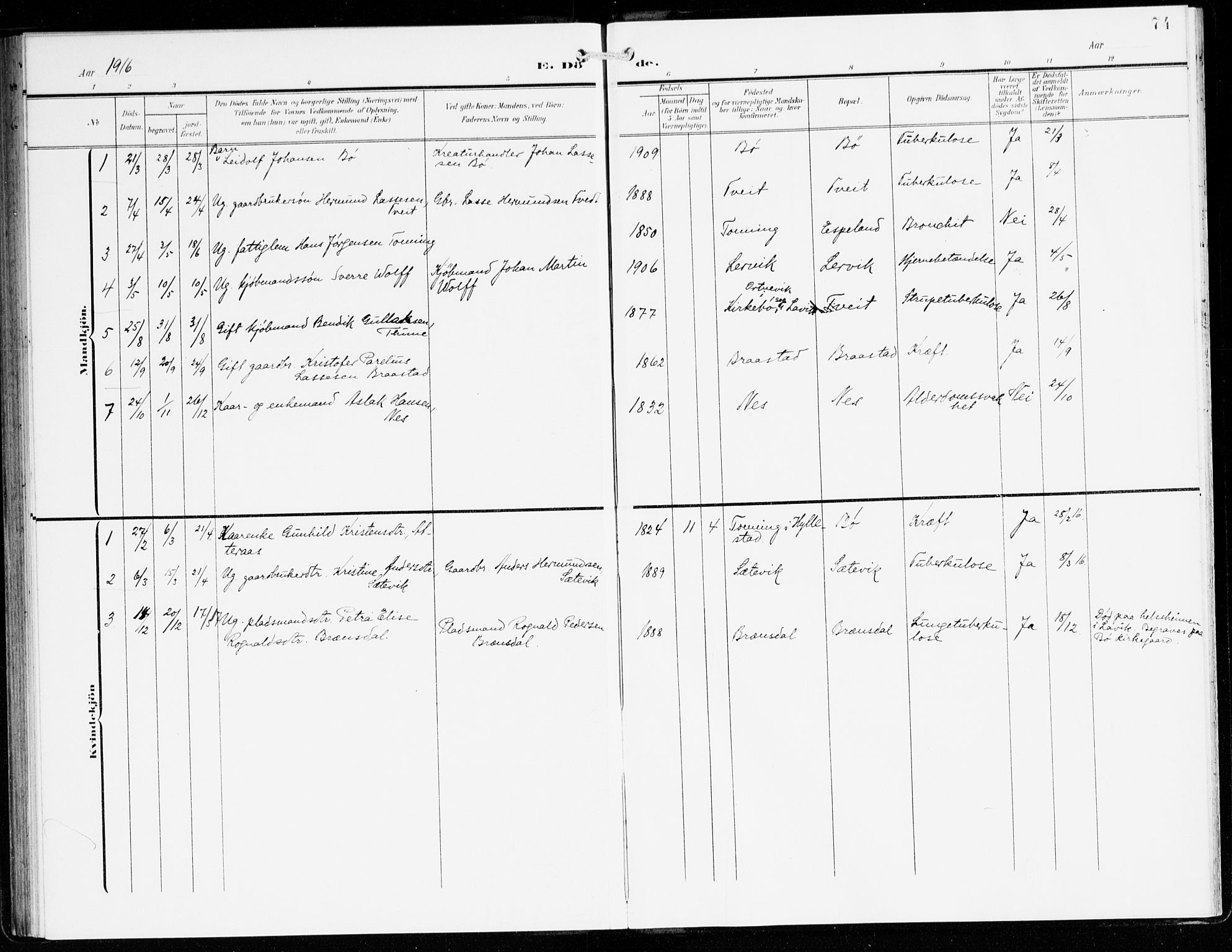 Hyllestad sokneprestembete, SAB/A-80401: Parish register (official) no. C 2, 1904-1917, p. 74