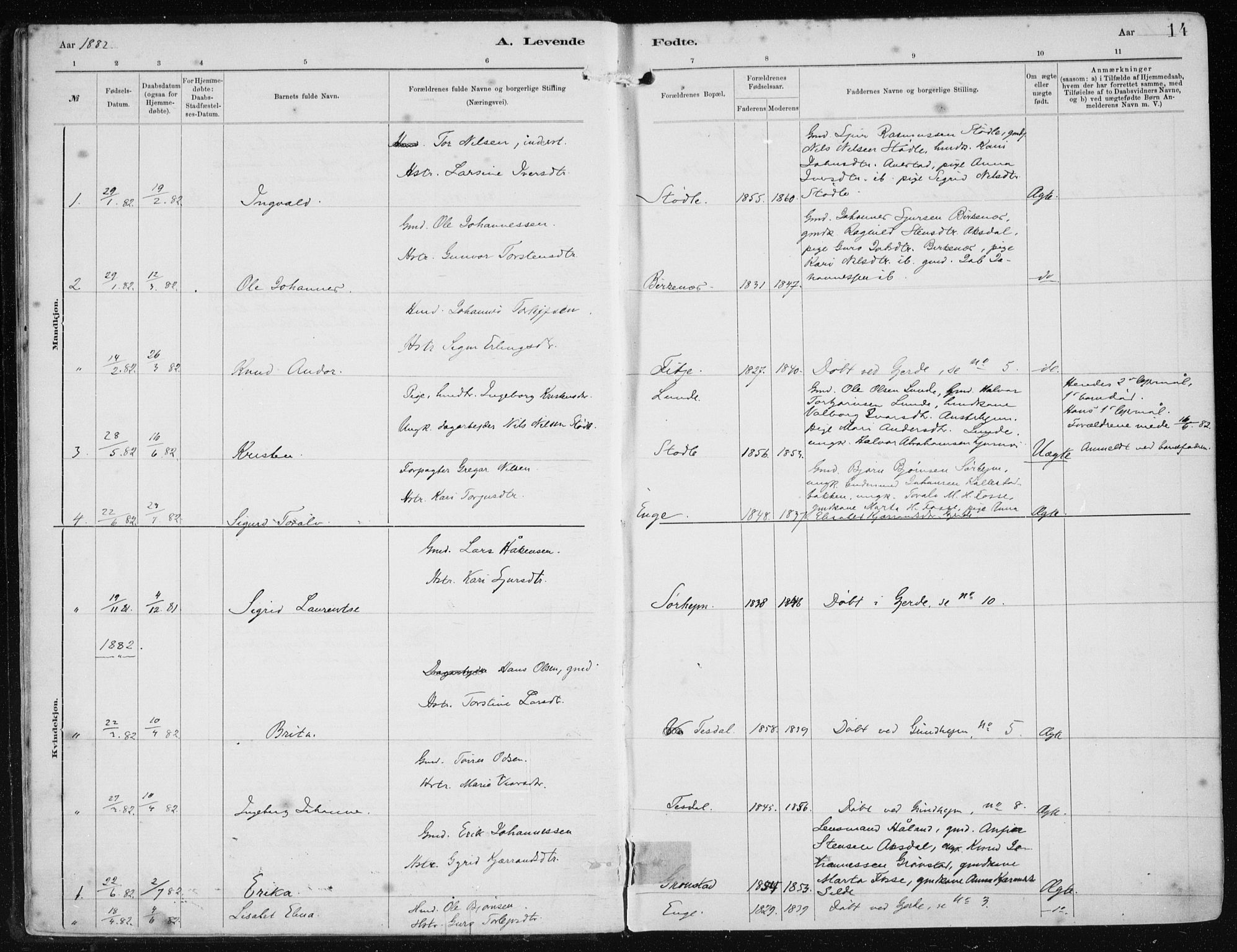 Etne sokneprestembete, SAB/A-75001/H/Haa: Parish register (official) no. B  1, 1879-1919, p. 14
