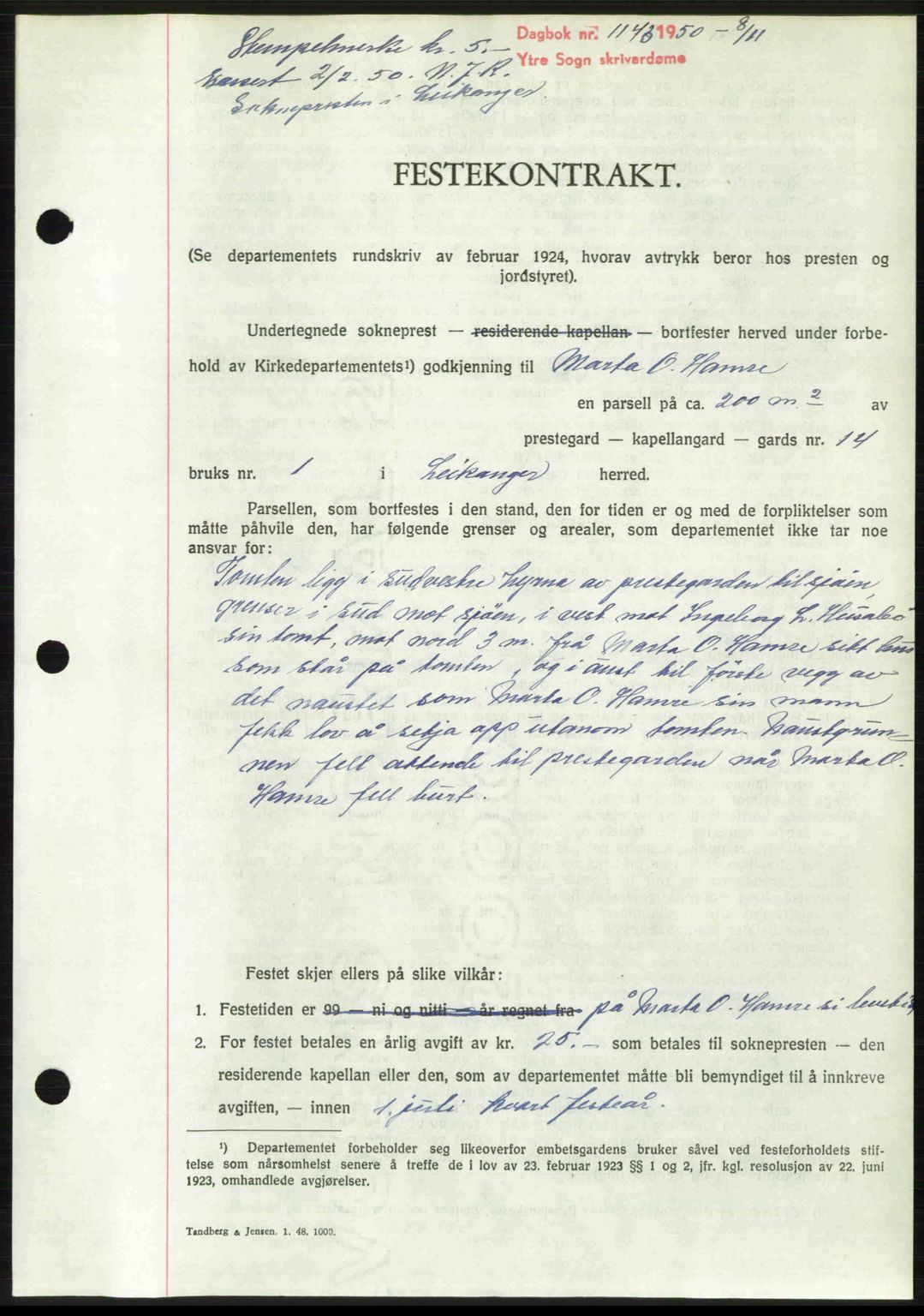 Ytre Sogn tingrett, AV/SAB-A-2601/1/G/Gbb/L0009: Mortgage book no. A6 - A7 (B4), 1950-1950, Diary no: : 1143/1950