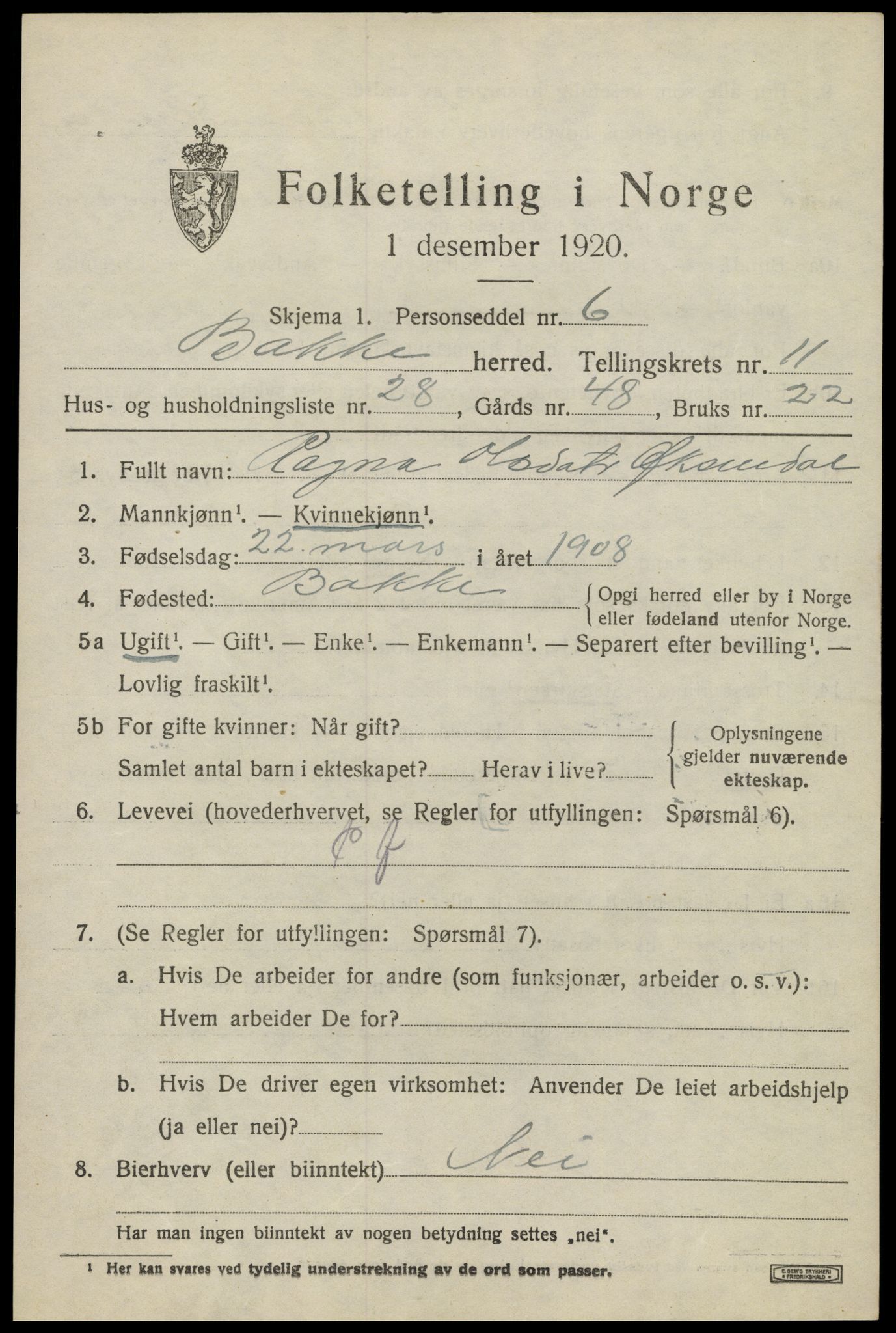 SAK, 1920 census for Bakke, 1920, p. 3104