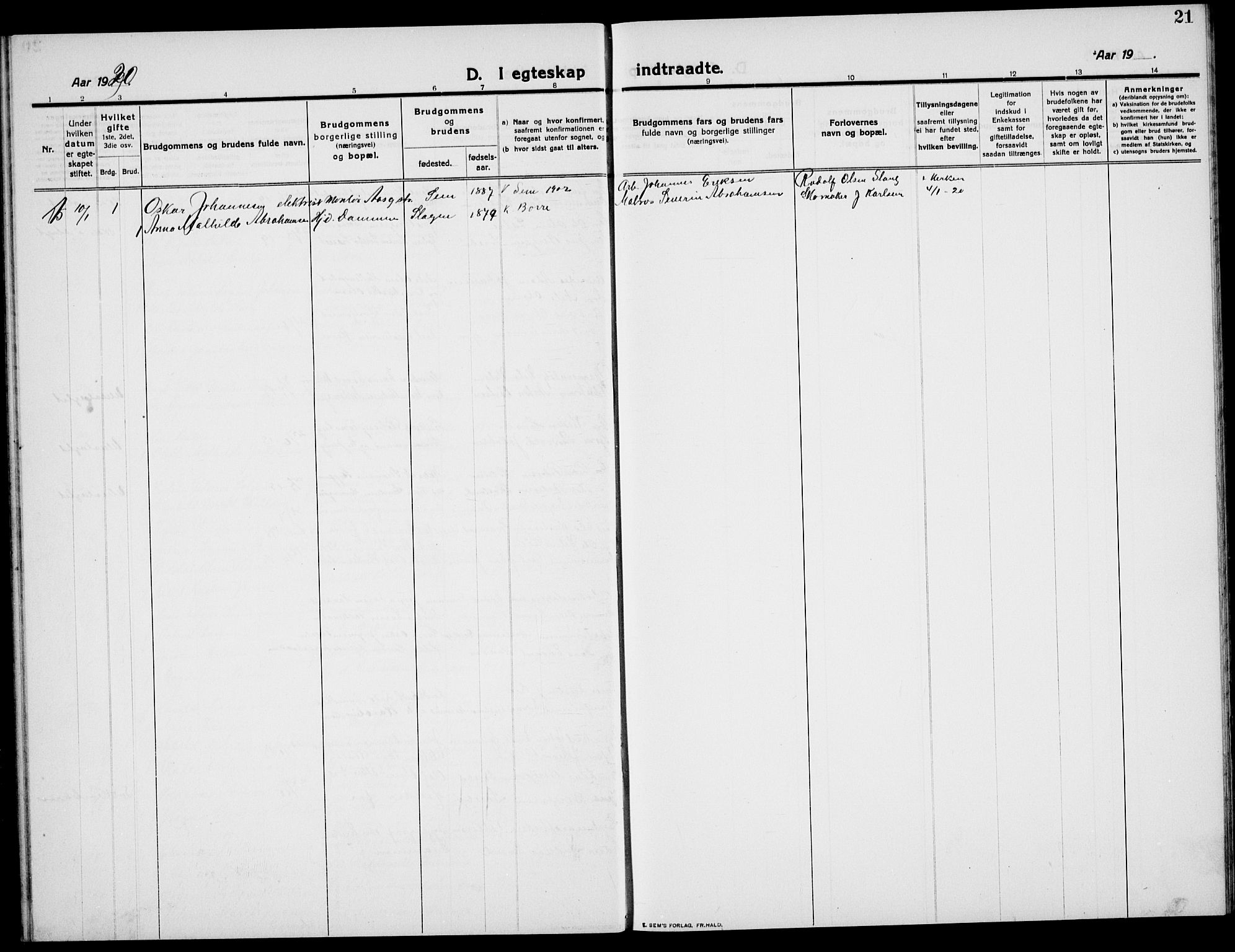 Borre kirkebøker, AV/SAKO-A-338/G/Ga/L0007: Parish register (copy) no. I 7, 1910-1920, p. 21