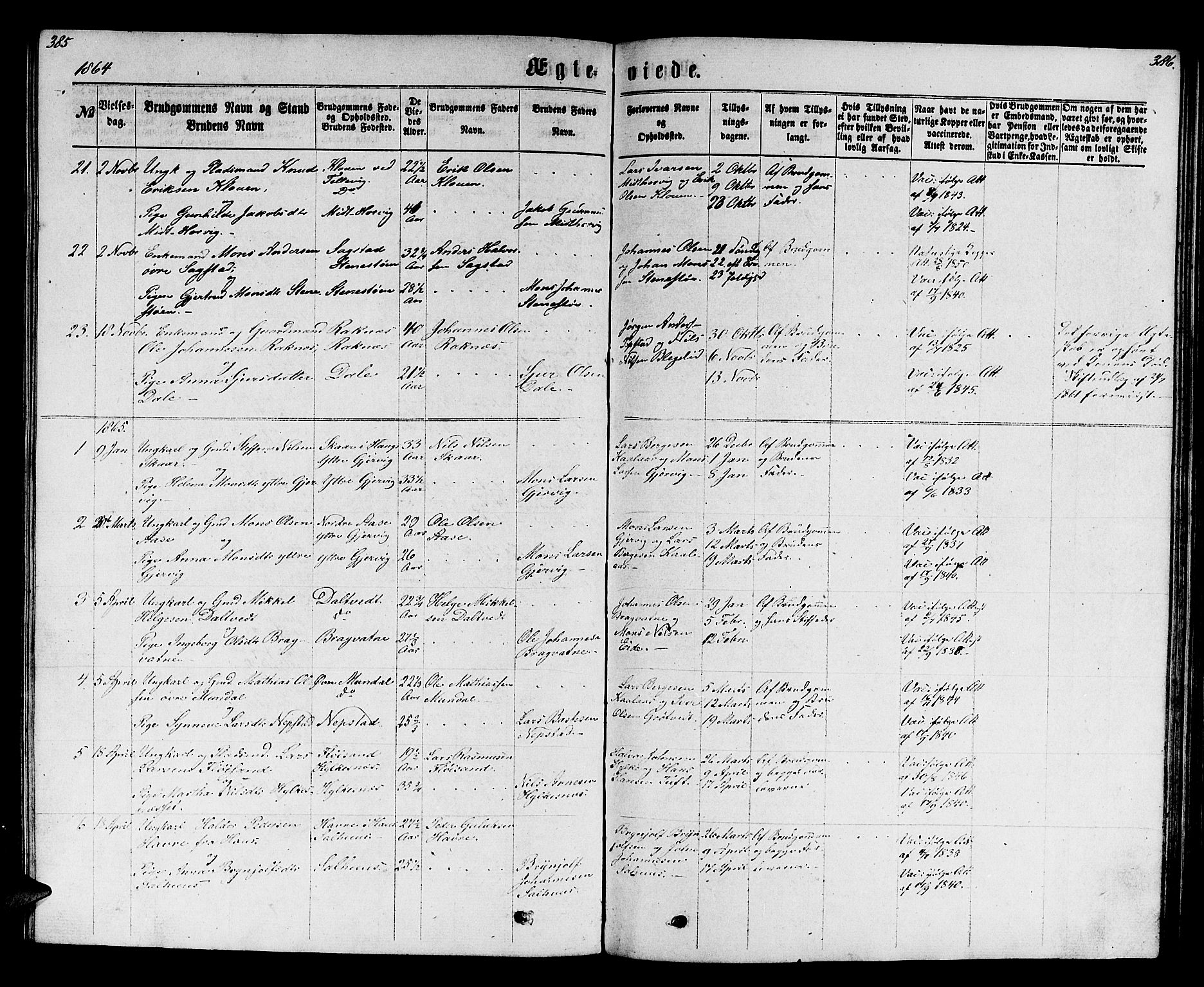 Hamre sokneprestembete, SAB/A-75501/H/Ha/Hab: Parish register (copy) no. B 2, 1863-1880, p. 385-386