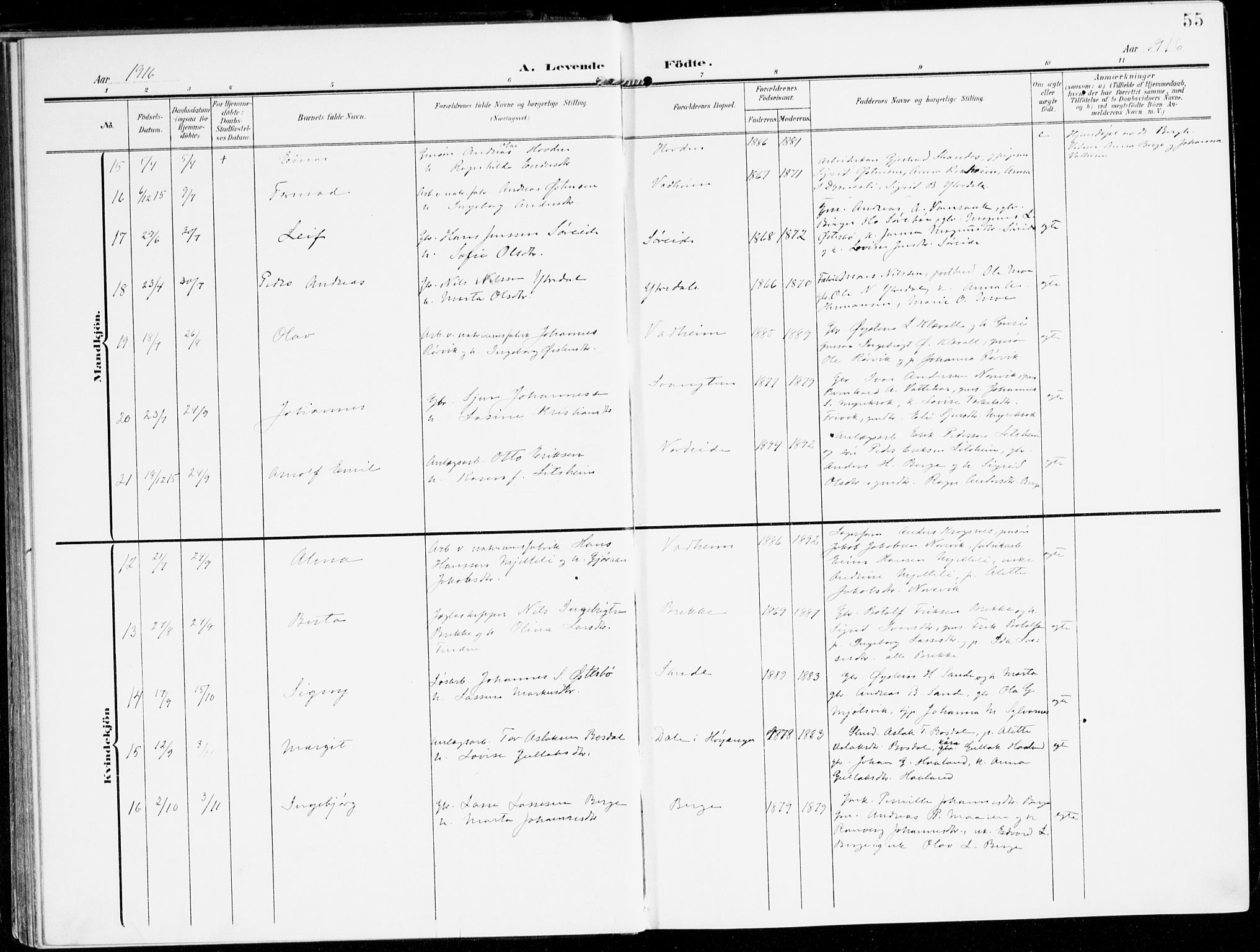 Lavik sokneprestembete, AV/SAB-A-80901: Parish register (official) no. C 2, 1904-1921, p. 55