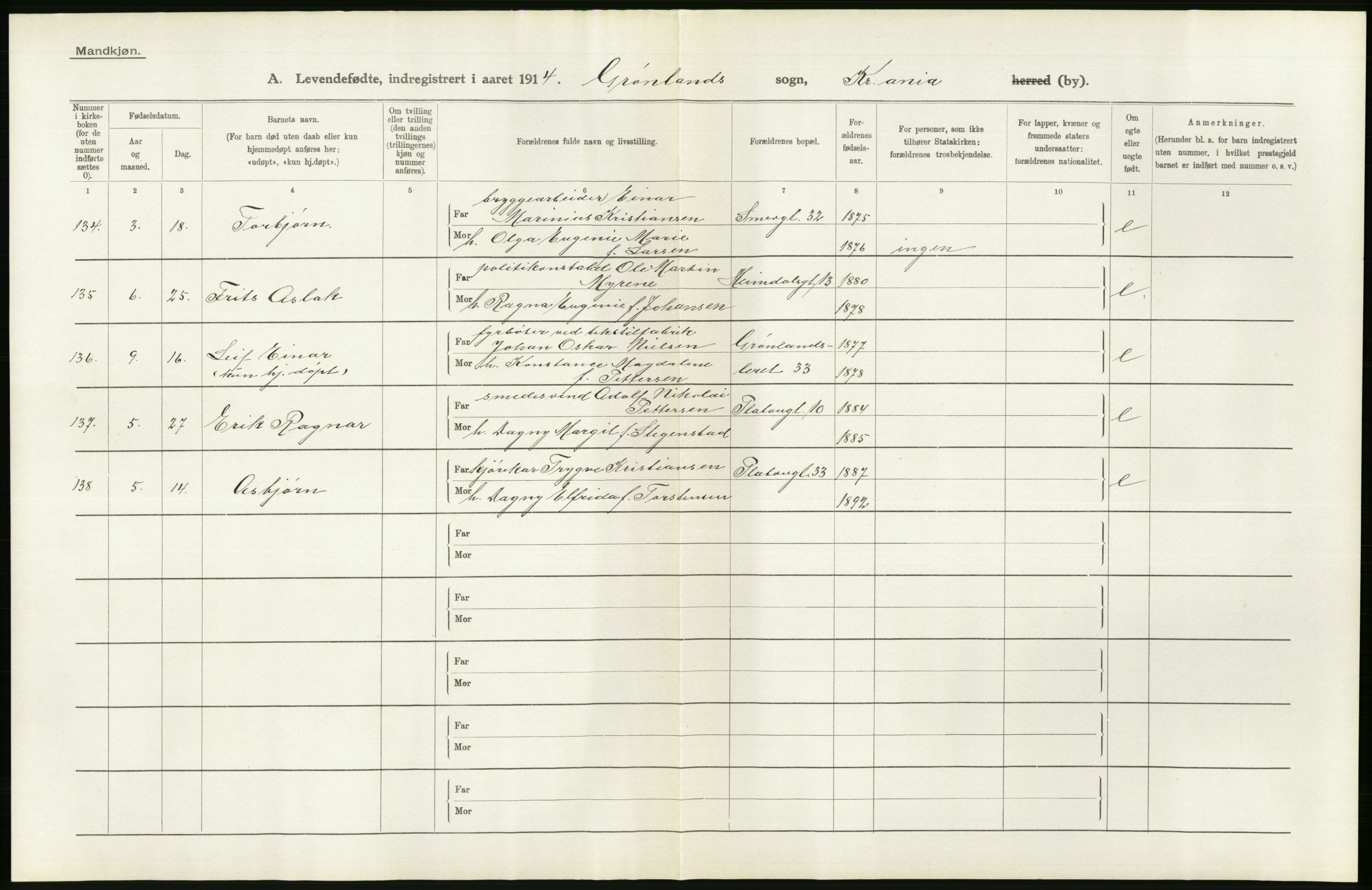 Statistisk sentralbyrå, Sosiodemografiske emner, Befolkning, AV/RA-S-2228/D/Df/Dfb/Dfbd/L0005: Kristiania: Levendefødte menn og kvinner., 1914, p. 610