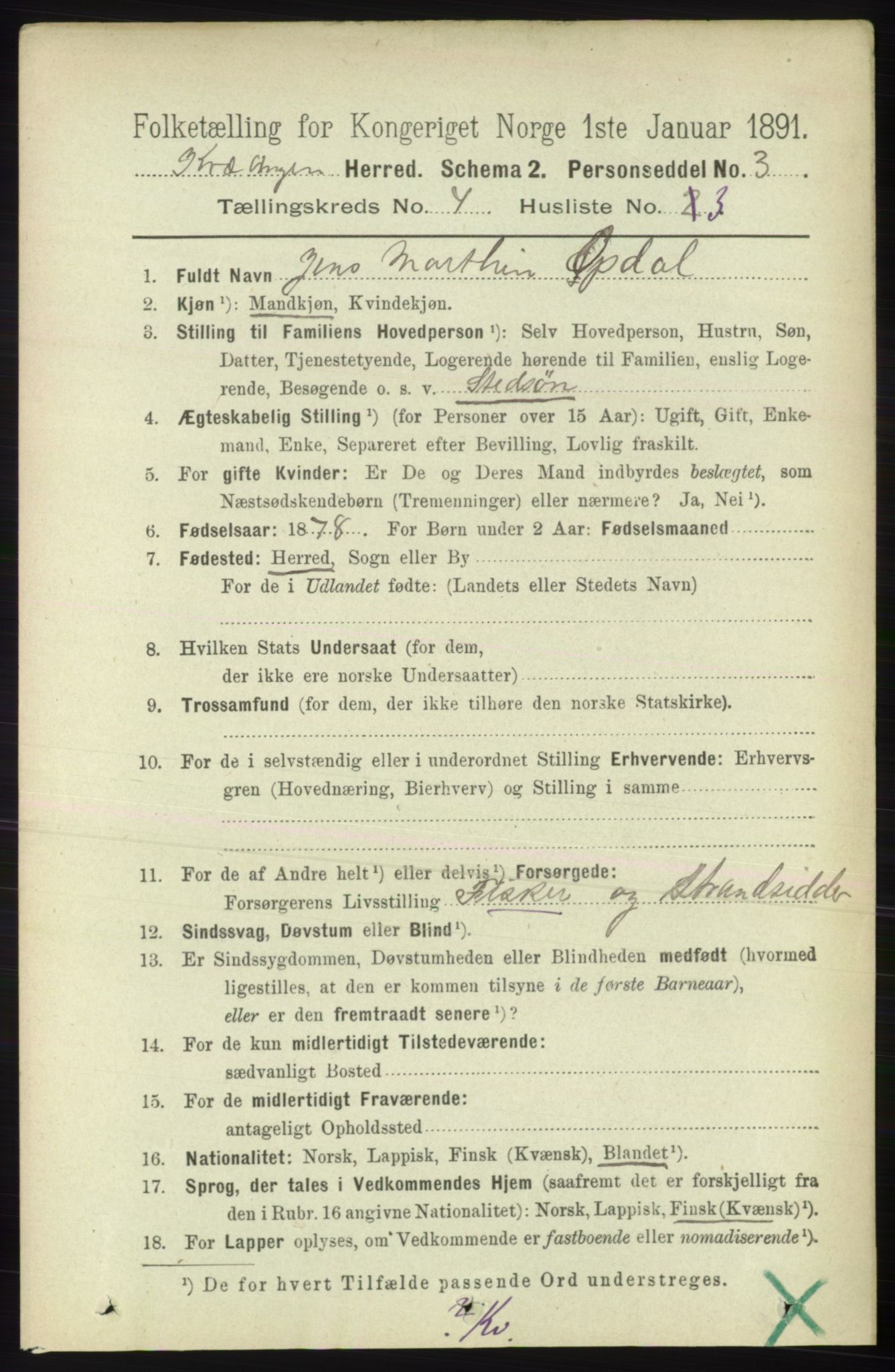 RA, 1891 census for 1943 Kvænangen, 1891, p. 1556