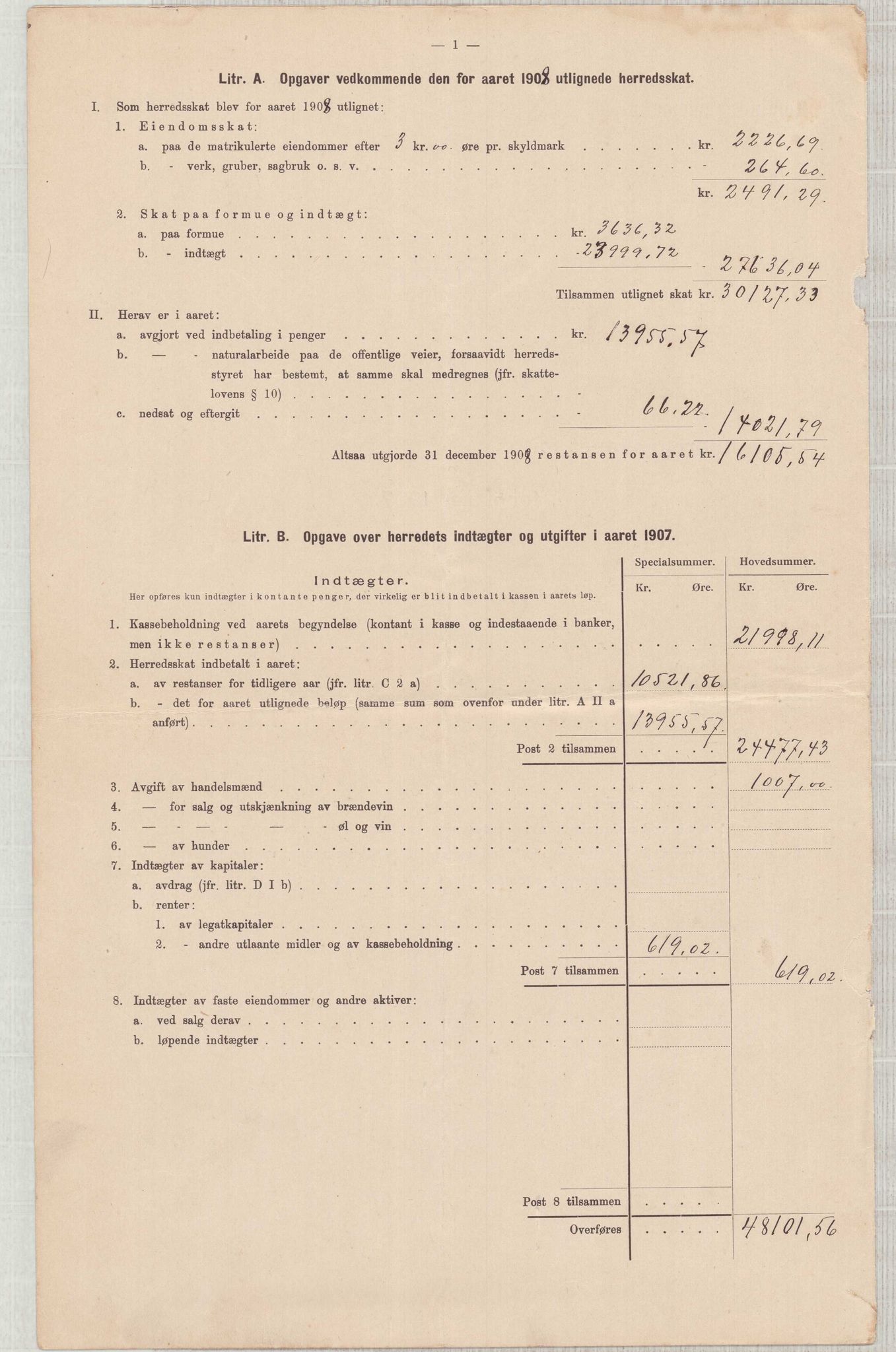 Finnaas kommune. Heradskassen, IKAH/1218a-121/R/Ra/Raa/L0001/0001: Årsrekneskap / Utdrag av kommunerekneskapet, 1904-1910, p. 26