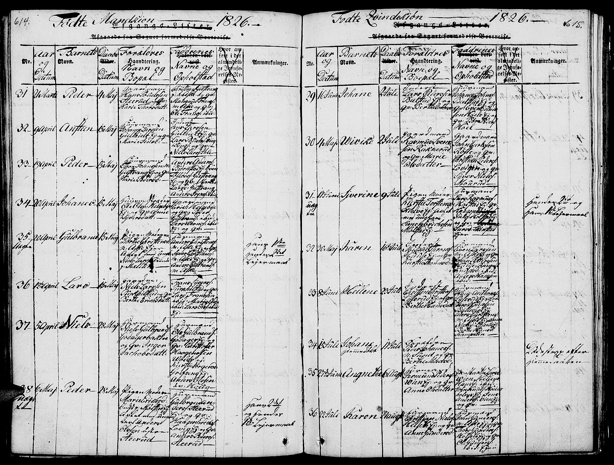 Nes prestekontor, Hedmark, AV/SAH-PREST-020/L/La/L0003: Parish register (copy) no. 3, 1814-1831, p. 614-615