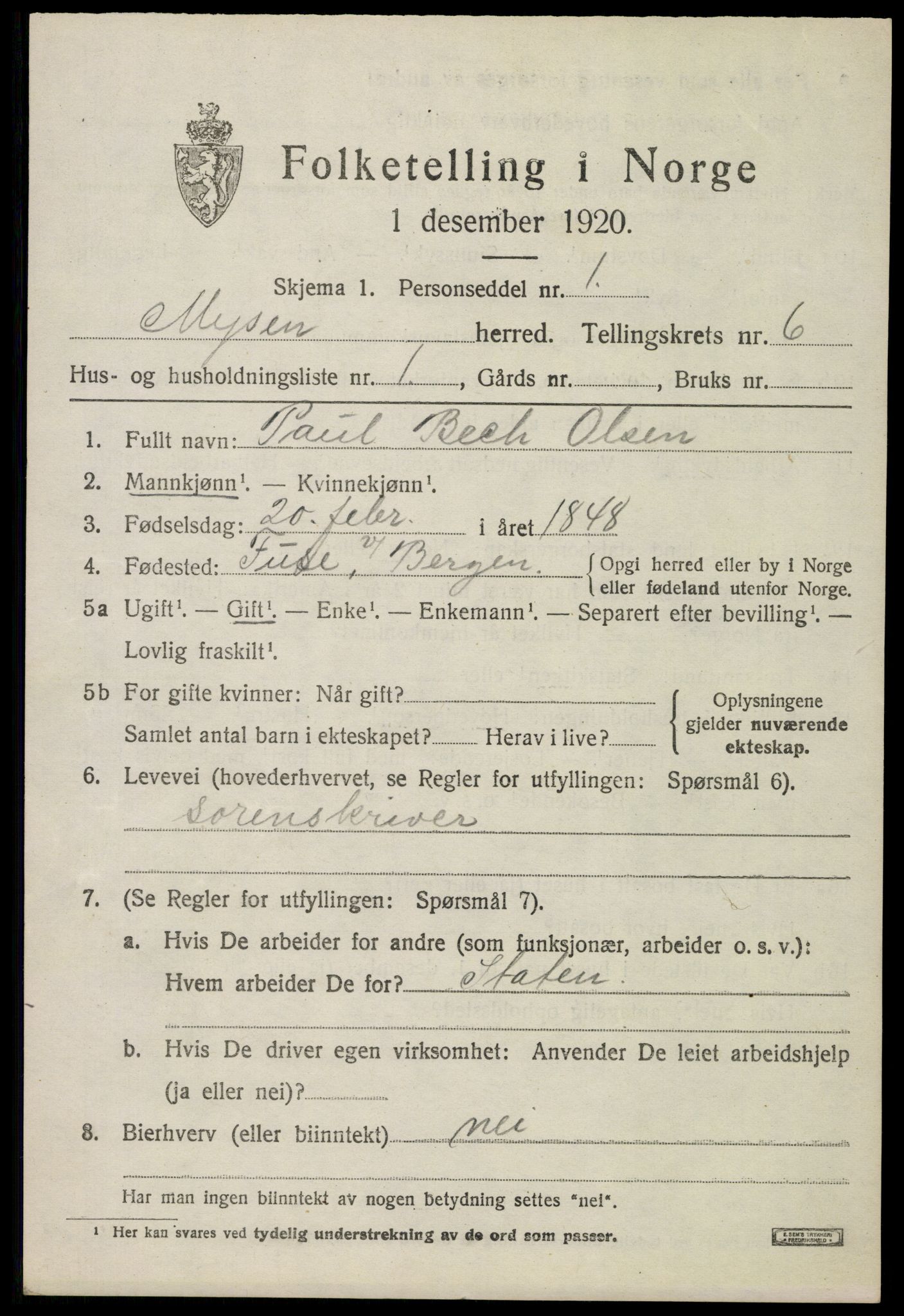 SAO, 1920 census for Mysen, 1920, p. 2935