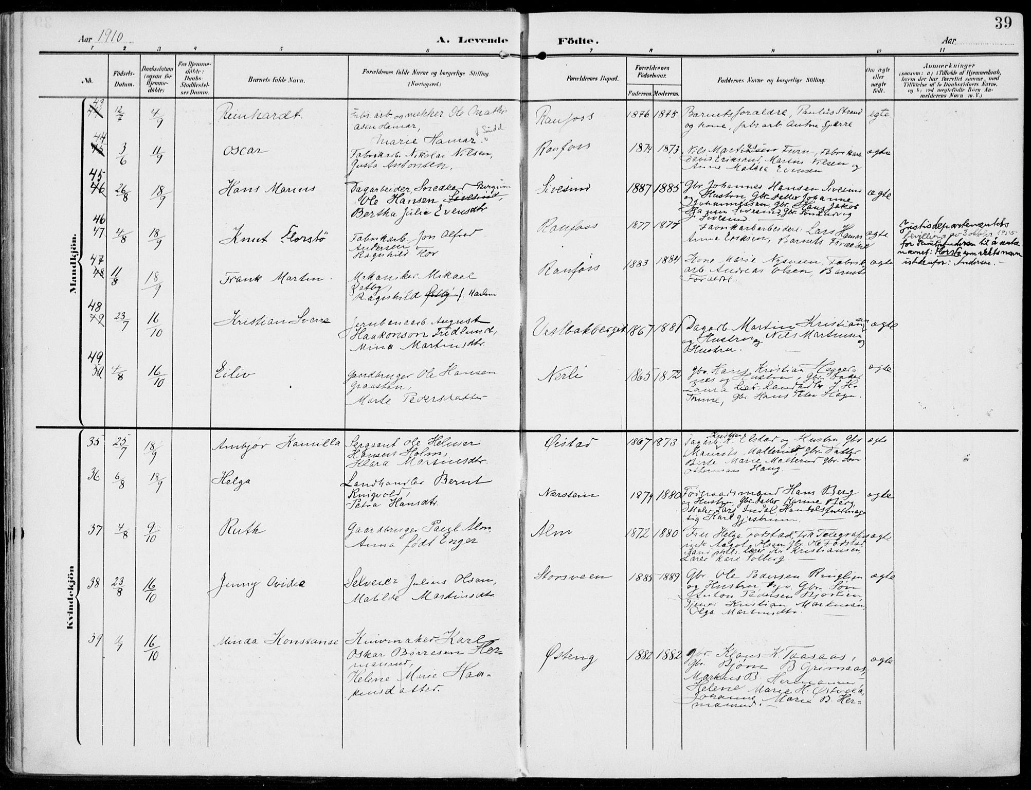 Vestre Toten prestekontor, AV/SAH-PREST-108/H/Ha/Haa/L0014: Parish register (official) no. 14, 1907-1920, p. 39