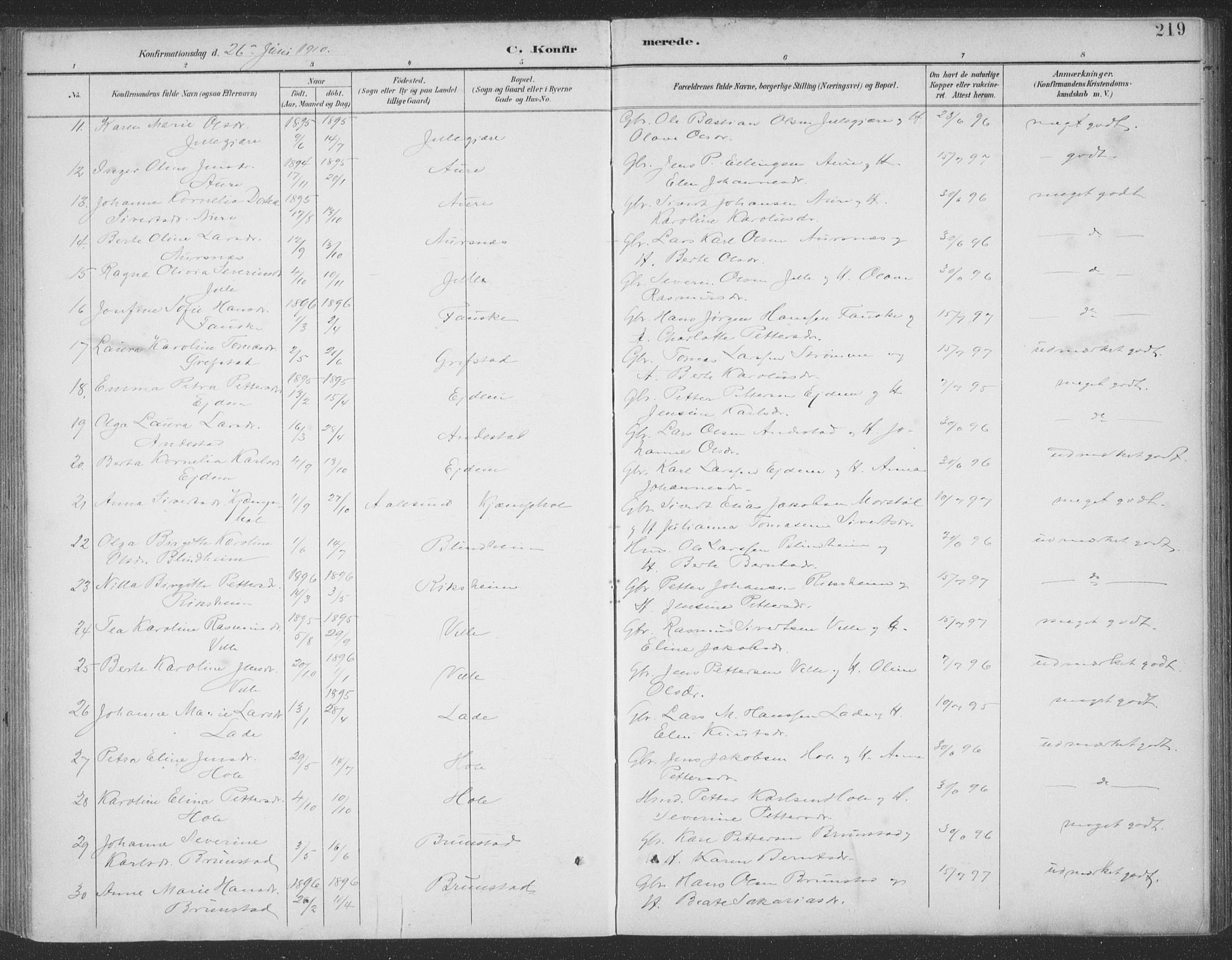 Ministerialprotokoller, klokkerbøker og fødselsregistre - Møre og Romsdal, AV/SAT-A-1454/523/L0335: Parish register (official) no. 523A02, 1891-1911, p. 219