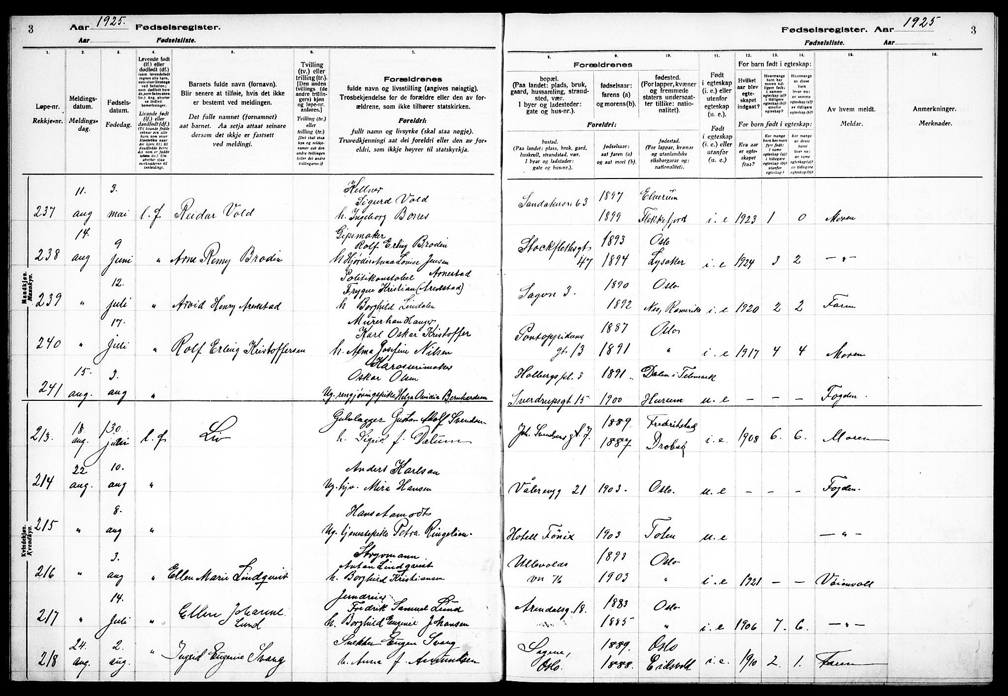 Sagene prestekontor Kirkebøker, AV/SAO-A-10796/J/L0004: Birth register no. 4, 1925-1928, p. 3