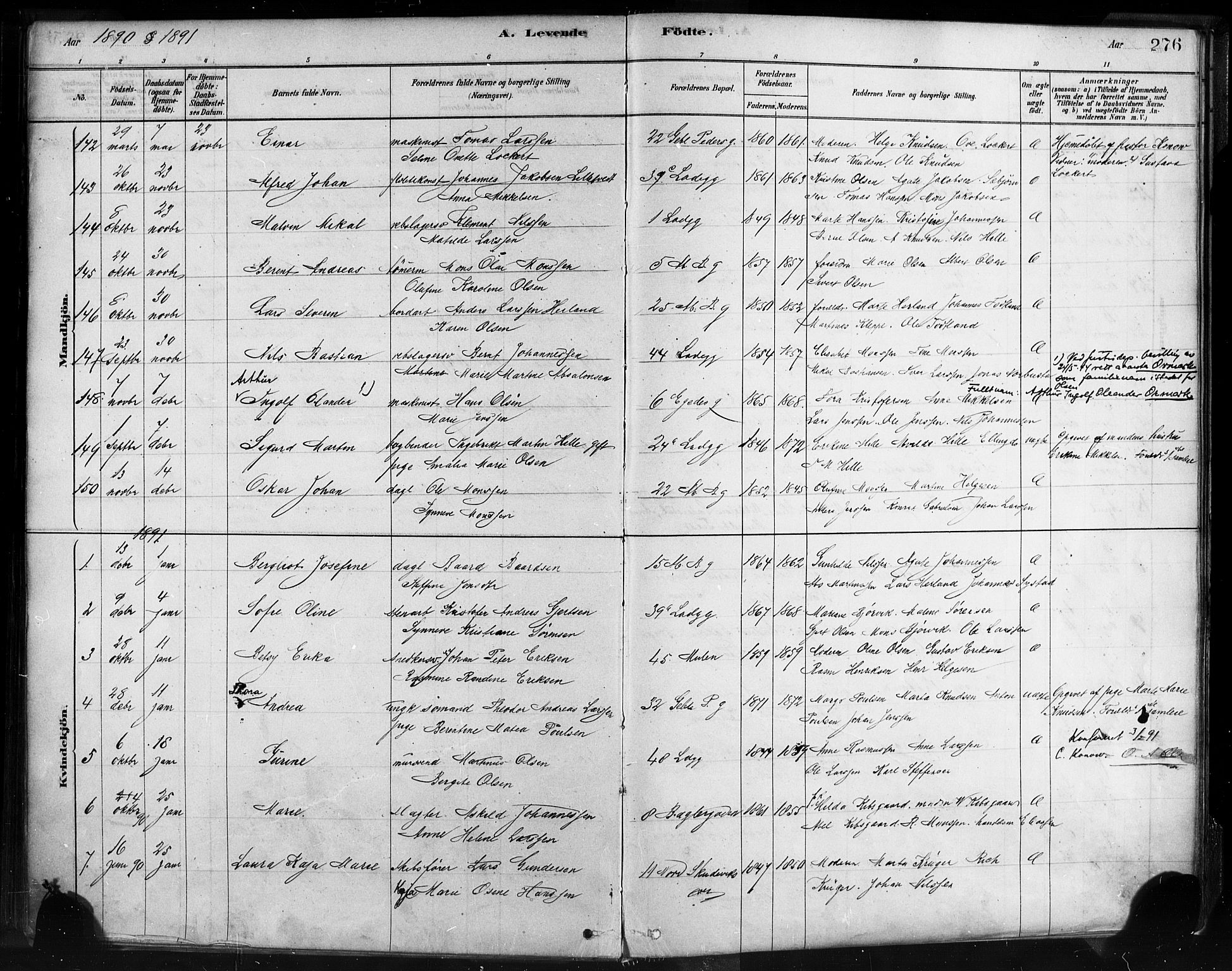 Sandviken Sokneprestembete, SAB/A-77601/H/Ha/L0004: Parish register (official) no. B 1, 1878-1891, p. 276