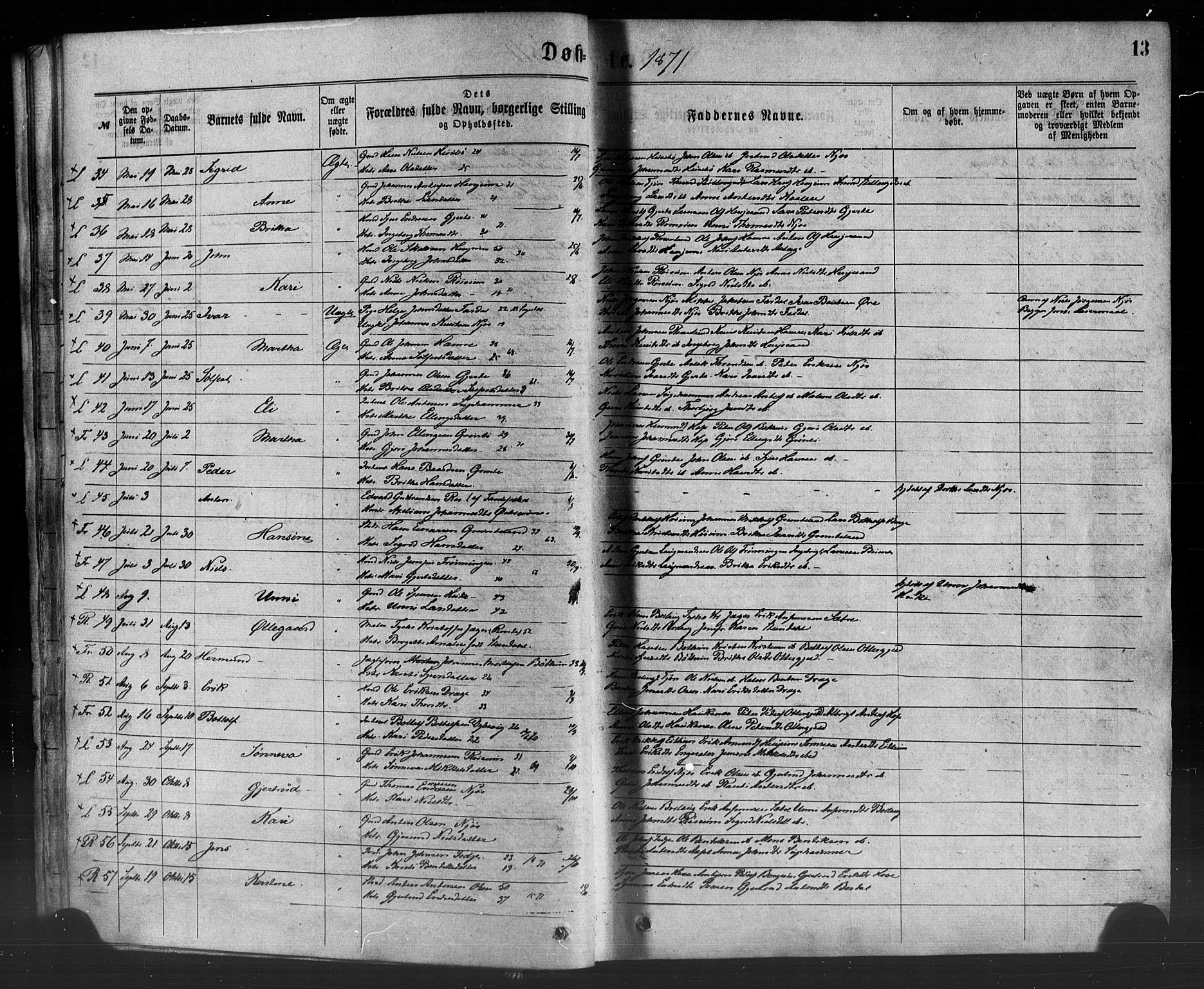 Leikanger sokneprestembete, AV/SAB-A-81001/H/Haa/Haaa/L0009: Parish register (official) no. A 9, 1869-1888, p. 13