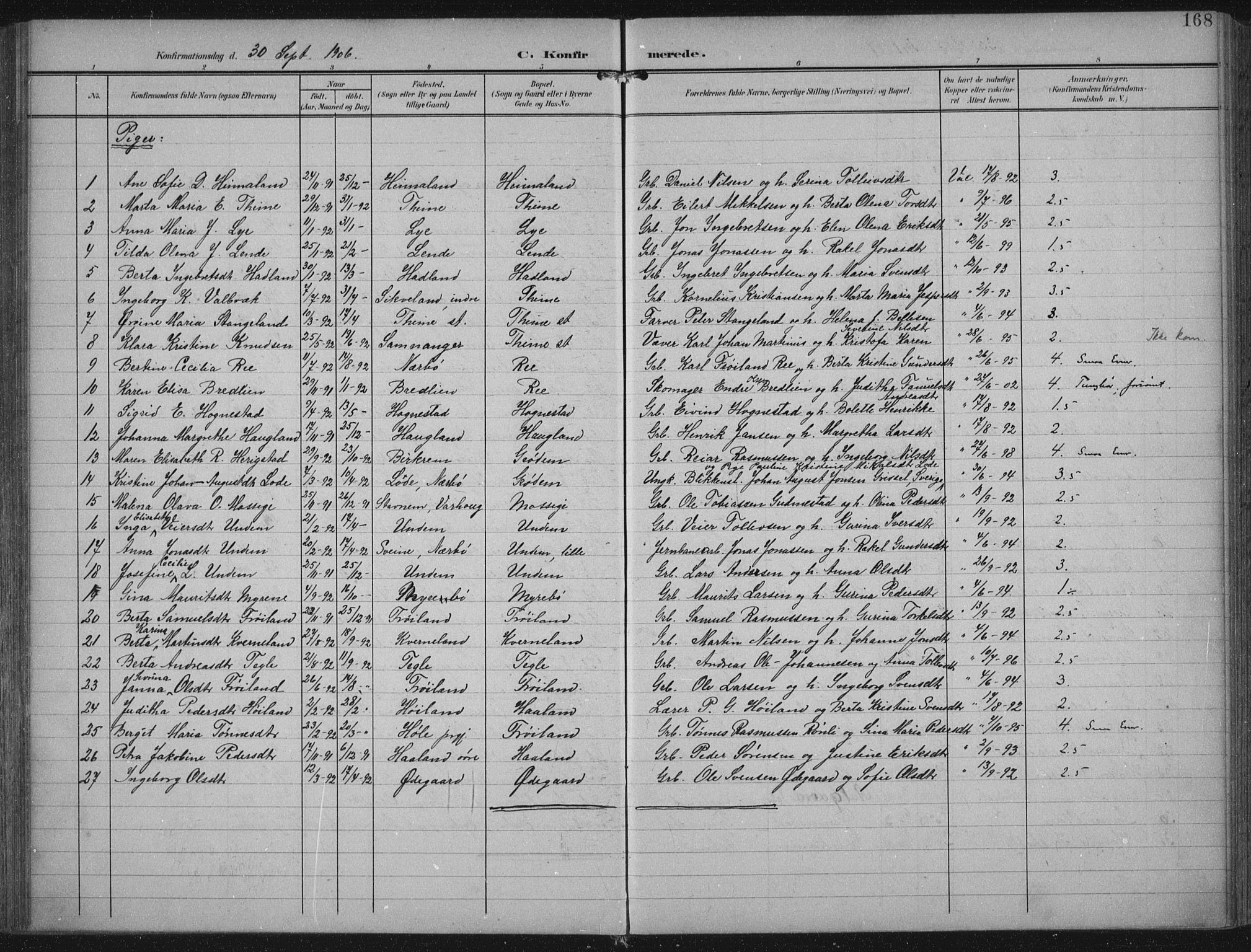 Lye sokneprestkontor, AV/SAST-A-101794/002/A/L0001: Parish register (official) no. A 12, 1904-1920, p. 168