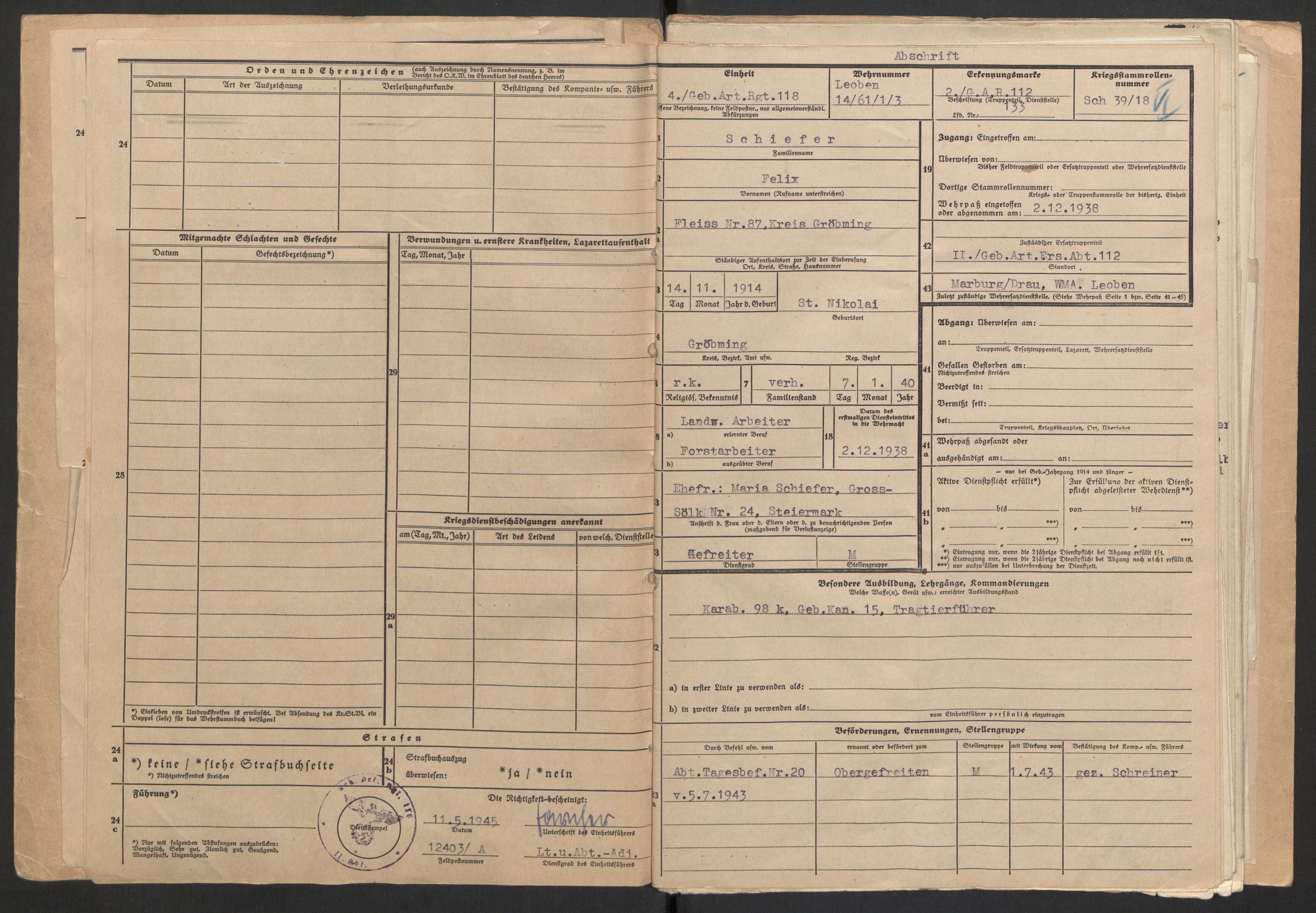Deutscher Oberbefehlshaber Norwegen (DOBN), AV/RA-RAFA-2197/D/Do/L0235/0007: DBT Abt. III / Domsdokumenter Gericht der 6. Gebirgs-Division - desserteringer 9. mai 1945, 1945