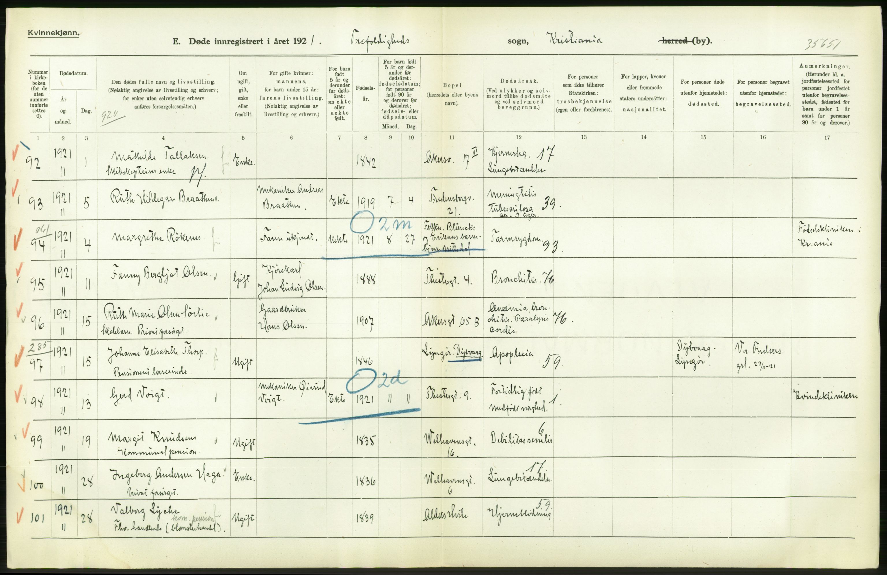 Statistisk sentralbyrå, Sosiodemografiske emner, Befolkning, AV/RA-S-2228/D/Df/Dfc/Dfca/L0012: Kristiania: Døde, 1921, p. 526