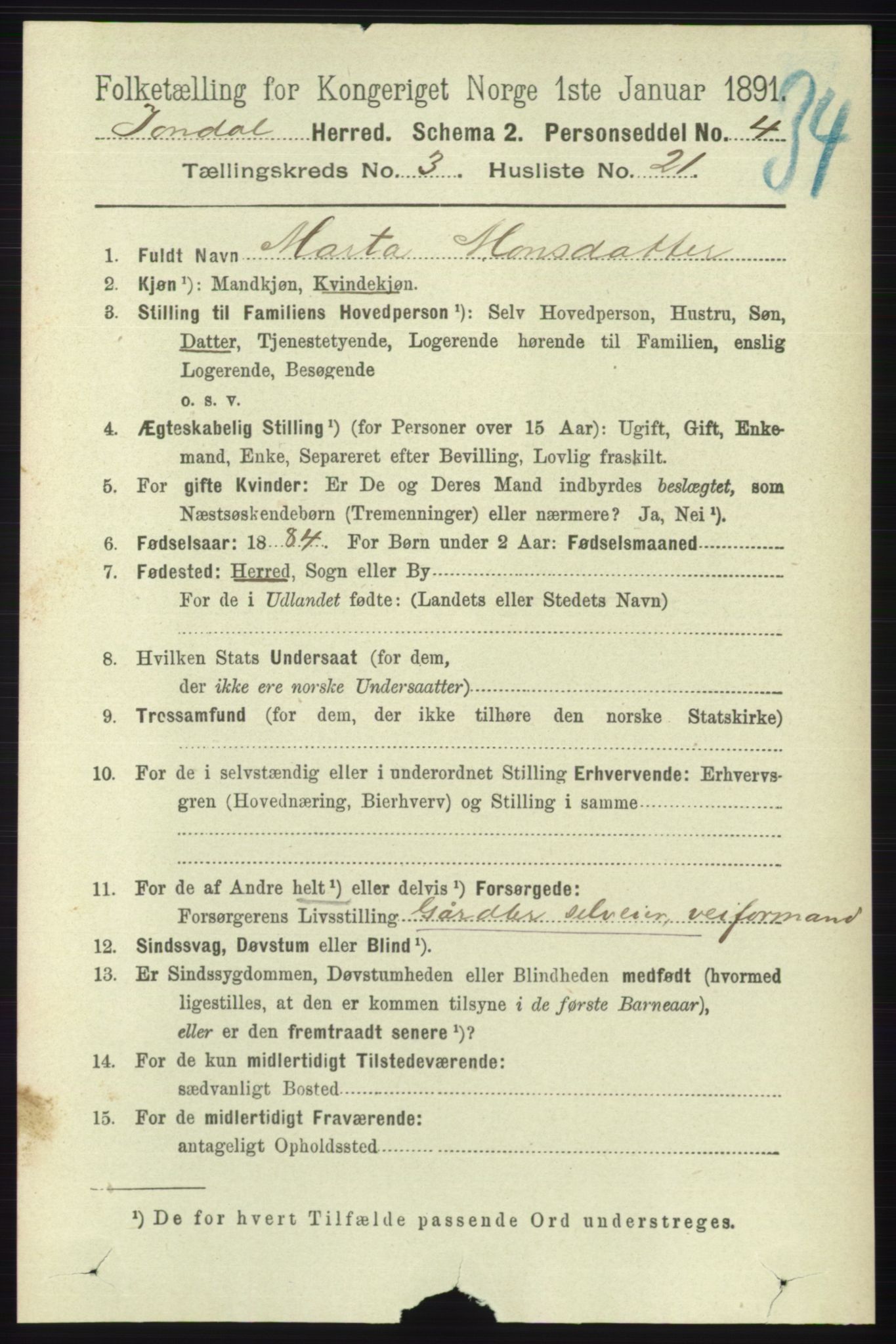 RA, 1891 census for 1227 Jondal, 1891, p. 1439