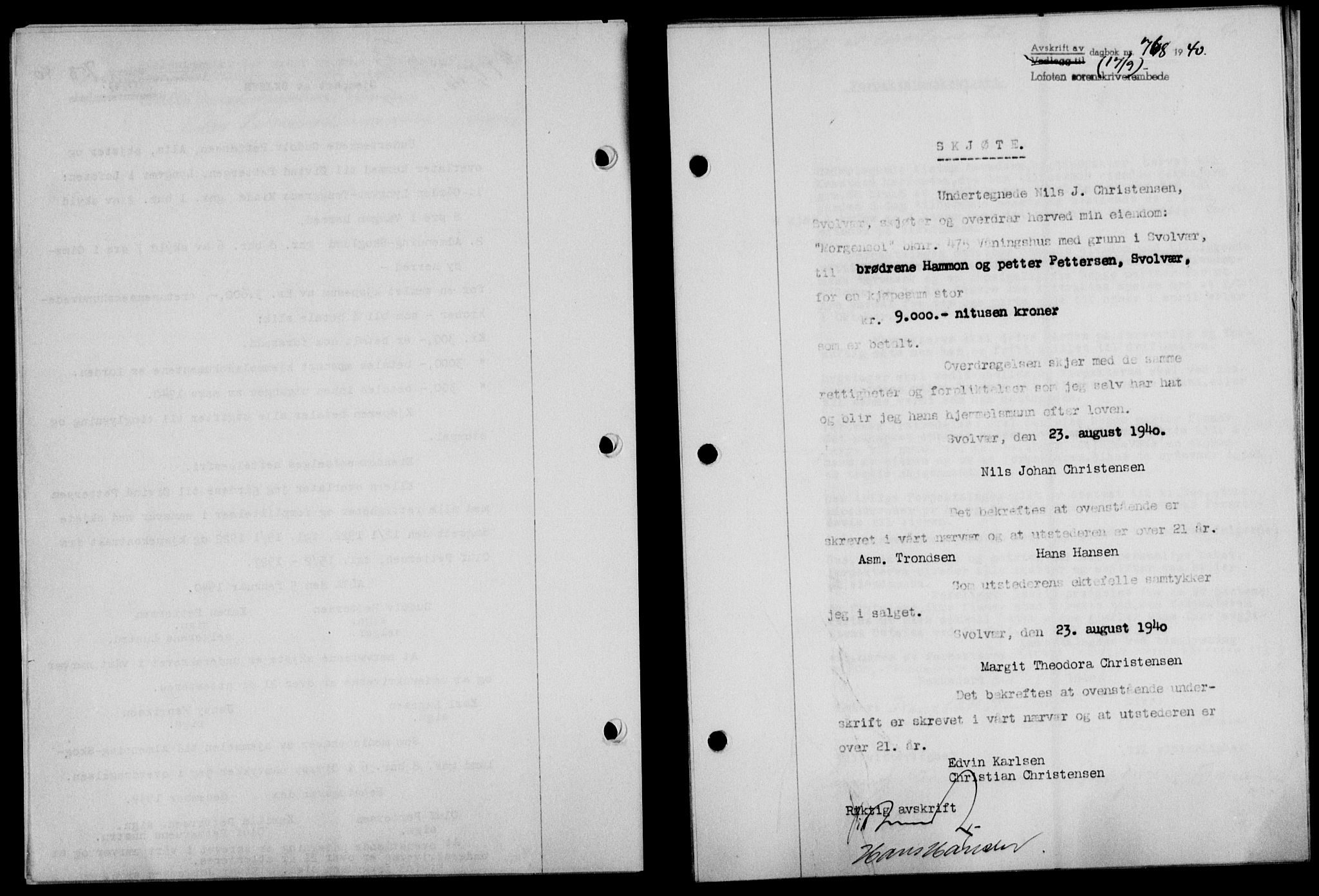 Lofoten sorenskriveri, SAT/A-0017/1/2/2C/L0007a: Mortgage book no. 7a, 1939-1940, Diary no: : 768/1940