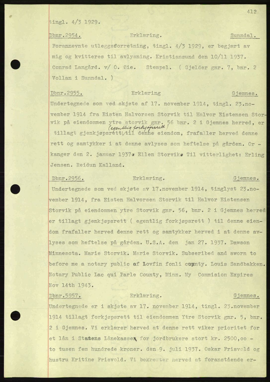 Nordmøre sorenskriveri, AV/SAT-A-4132/1/2/2Ca: Mortgage book no. C80, 1936-1939, Diary no: : 2954/1937