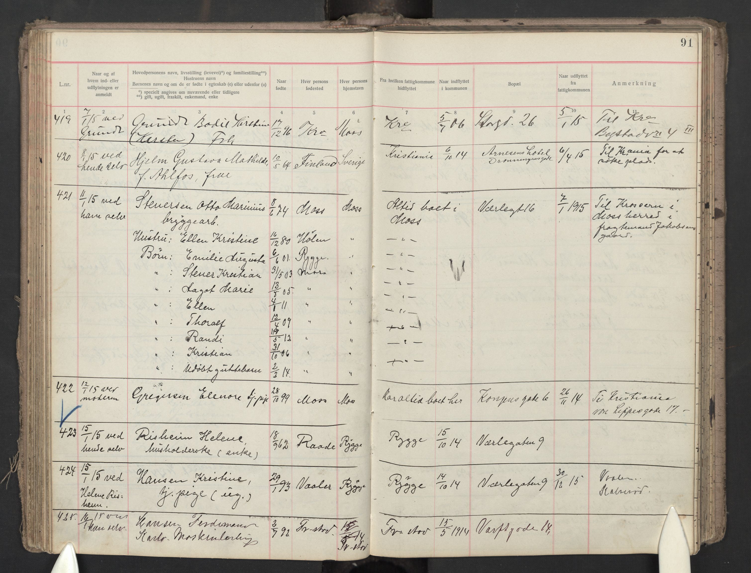 Moss folkeregister, AV/SAO-A-10020/J/L0003: Inn- og utflyttede i Moss fattigkommune, 1913-1917, p. 91