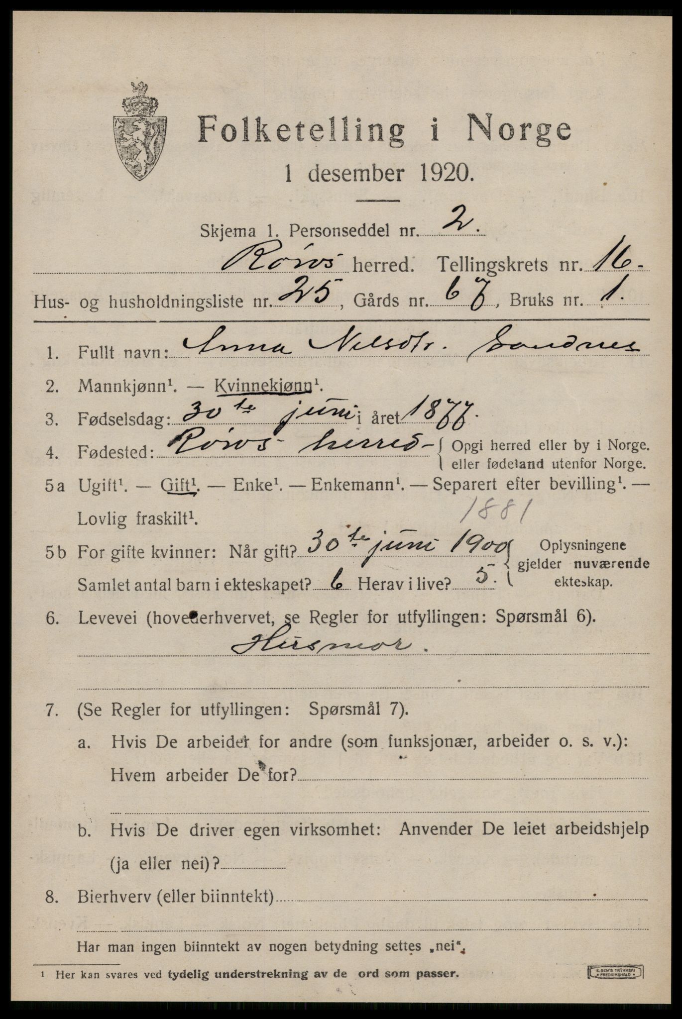 SAT, 1920 census for Røros, 1920, p. 11300