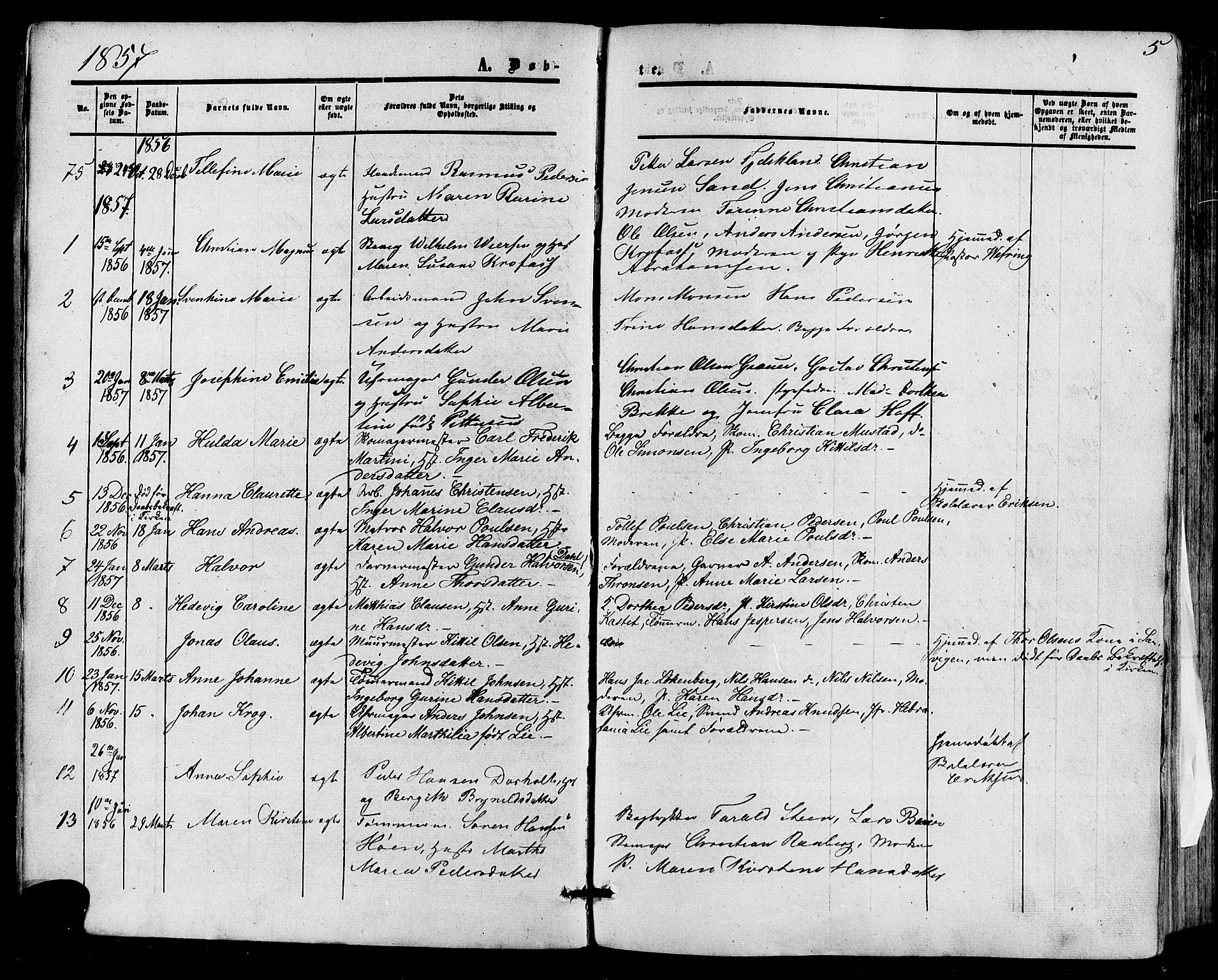 Skien kirkebøker, SAKO/A-302/F/Fa/L0007: Parish register (official) no. 7, 1856-1865, p. 5