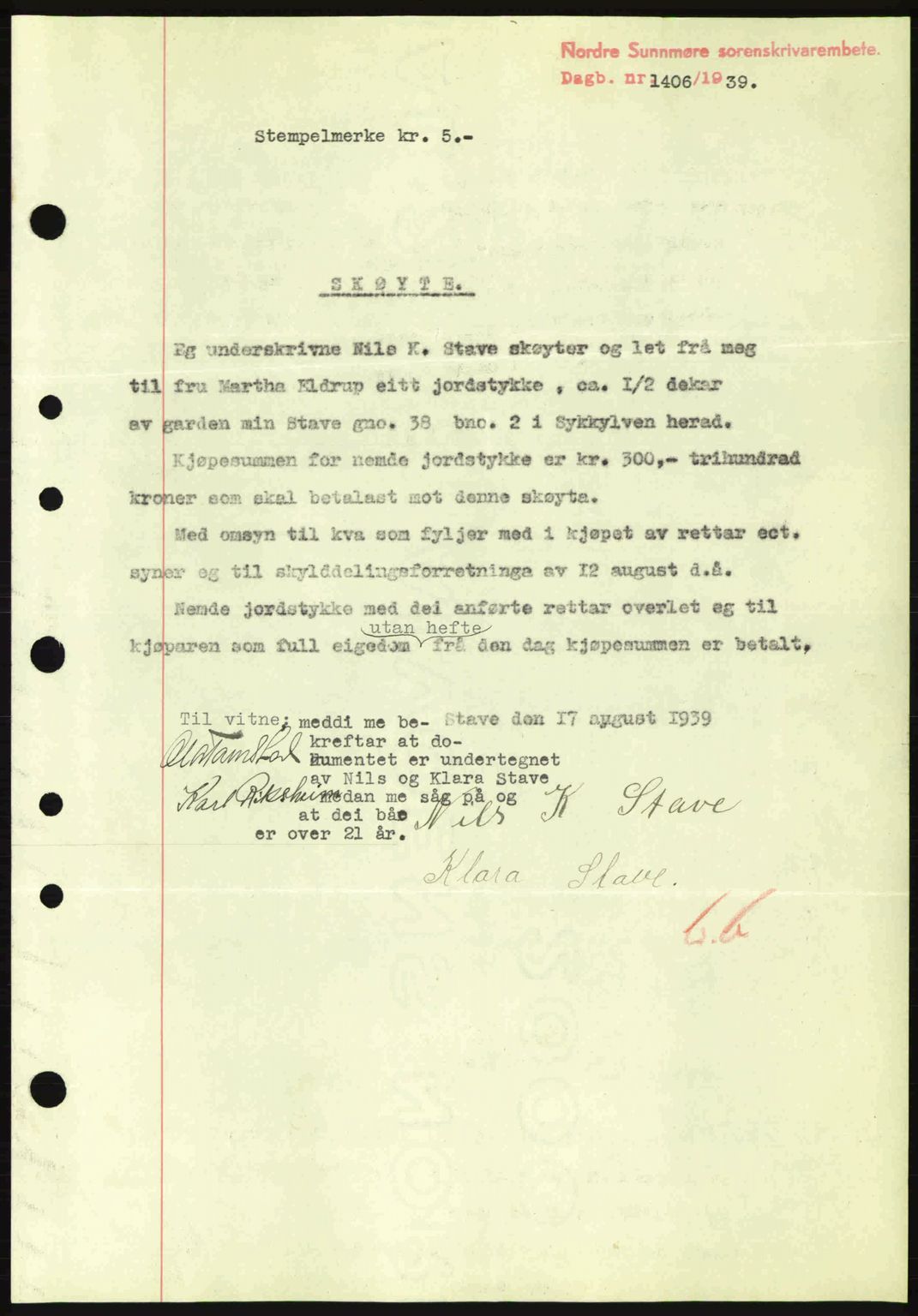 Nordre Sunnmøre sorenskriveri, SAT/A-0006/1/2/2C/2Ca: Mortgage book no. A7, 1939-1939, Diary no: : 1406/1939