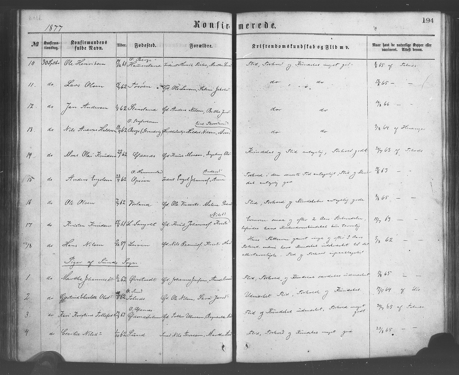 Sund sokneprestembete, AV/SAB-A-99930: Parish register (official) no. A 15, 1867-1881, p. 194