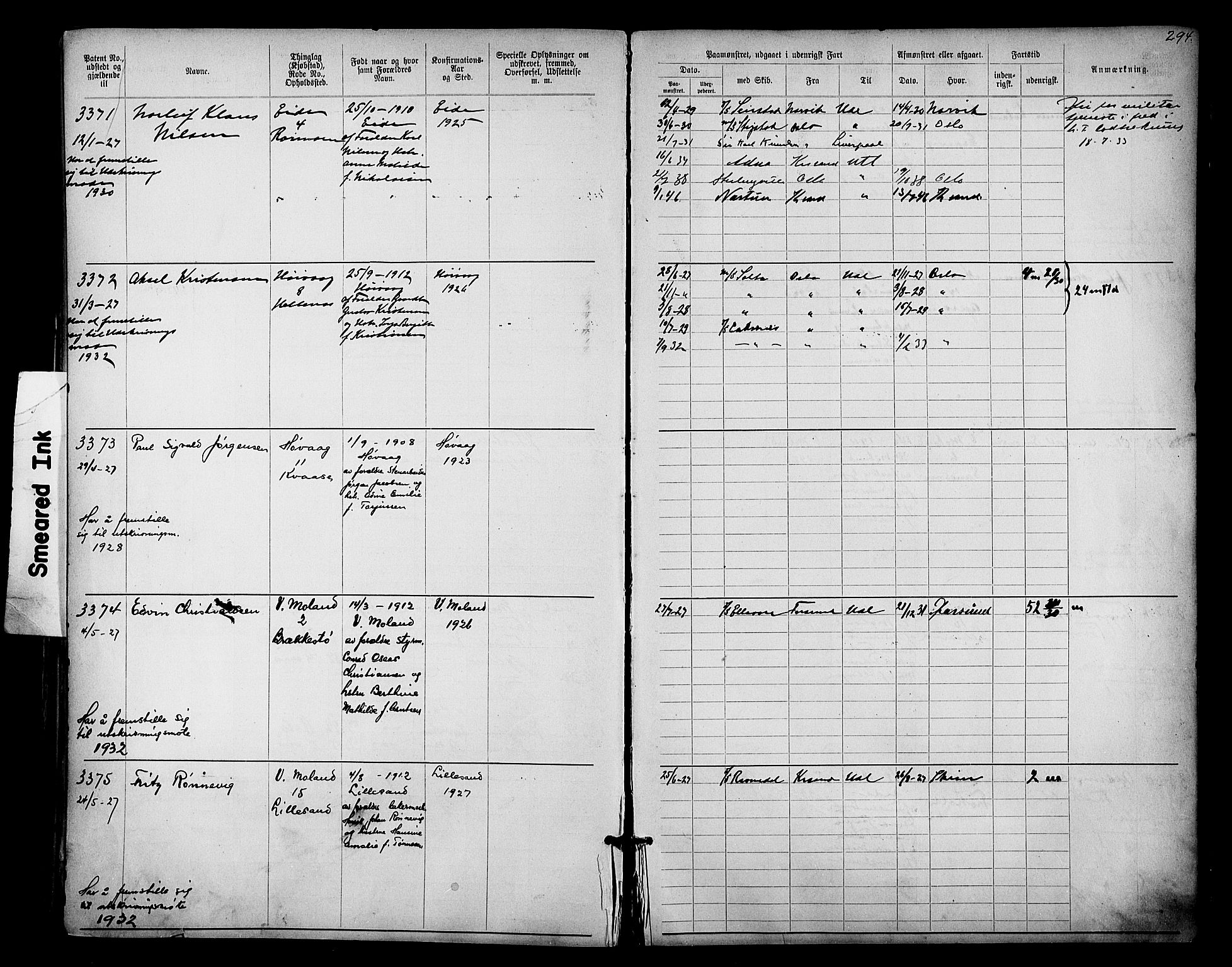 Lillesand mønstringskrets, AV/SAK-2031-0014/F/Fa/L0003: Annotasjonsrulle nr 1911-3489 med register, W-9, 1891-1932, p. 334