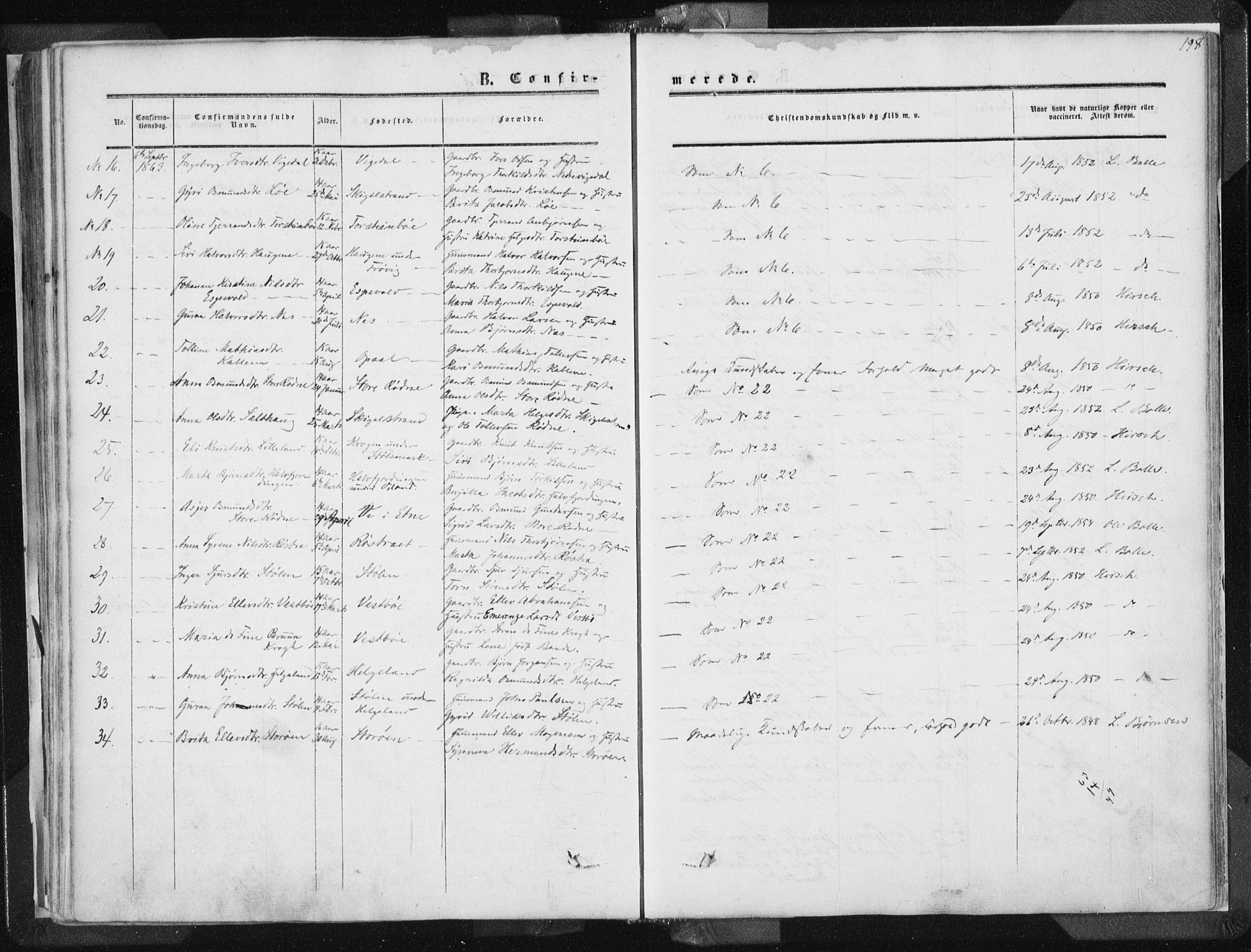 Vikedal sokneprestkontor, SAST/A-101840/01/IV: Parish register (official) no. A 6.1, 1851-1867, p. 198