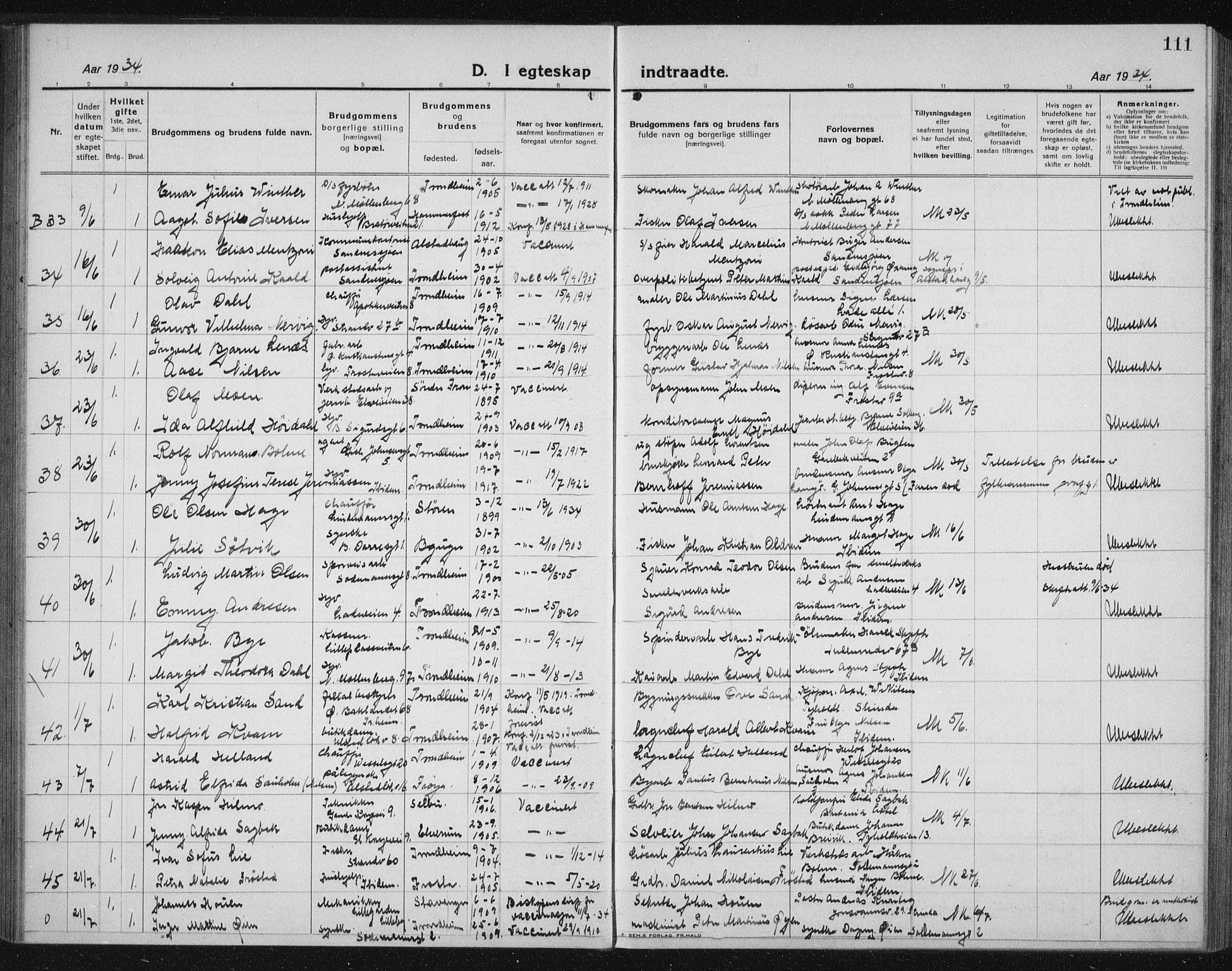 Ministerialprotokoller, klokkerbøker og fødselsregistre - Sør-Trøndelag, AV/SAT-A-1456/605/L0260: Parish register (copy) no. 605C07, 1922-1942, p. 111