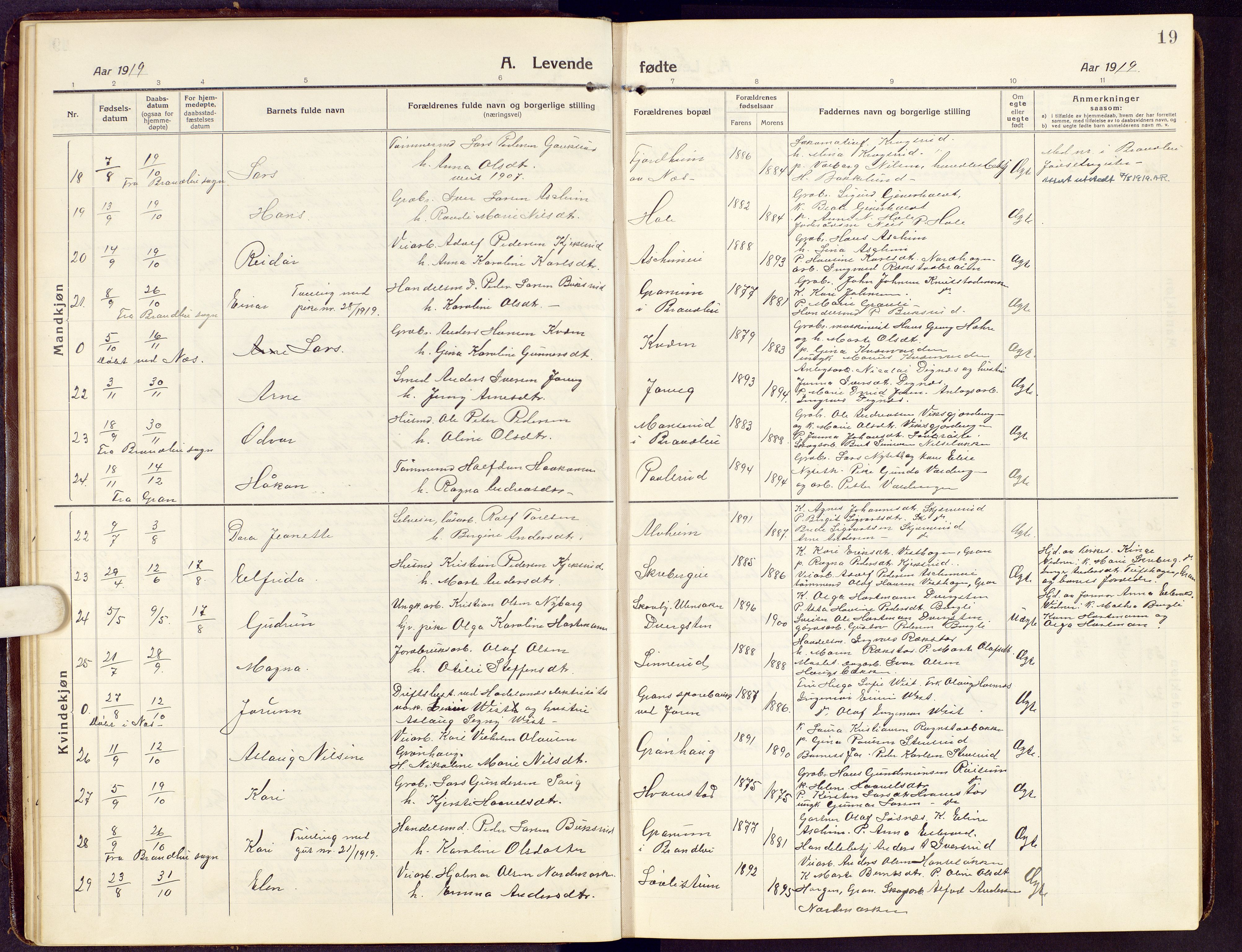 Brandbu prestekontor, AV/SAH-PREST-114/H/Ha/Hab/L0010: Parish register (copy) no. 10, 1916-1930, p. 19