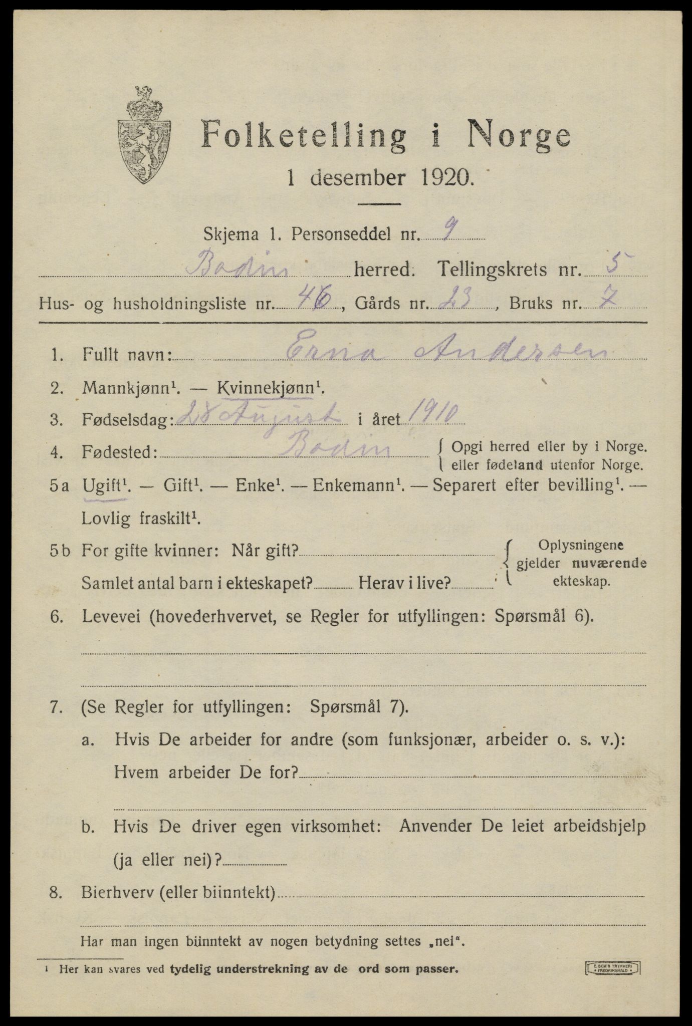 SAT, 1920 census for Bodin, 1920, p. 3486