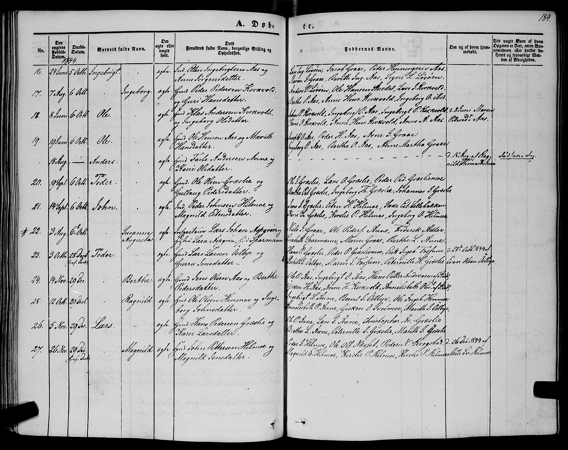 Ministerialprotokoller, klokkerbøker og fødselsregistre - Sør-Trøndelag, SAT/A-1456/695/L1146: Parish register (official) no. 695A06 /2, 1843-1859, p. 184