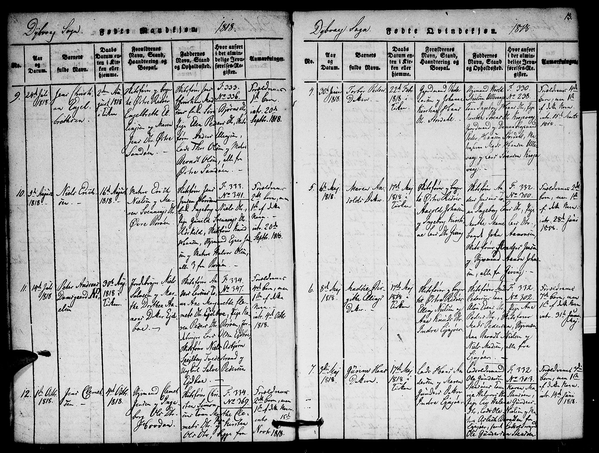 Dypvåg sokneprestkontor, SAK/1111-0007/F/Fa/Faa/L0003: Parish register (official) no. A 3 /1, 1817-1824, p. 13