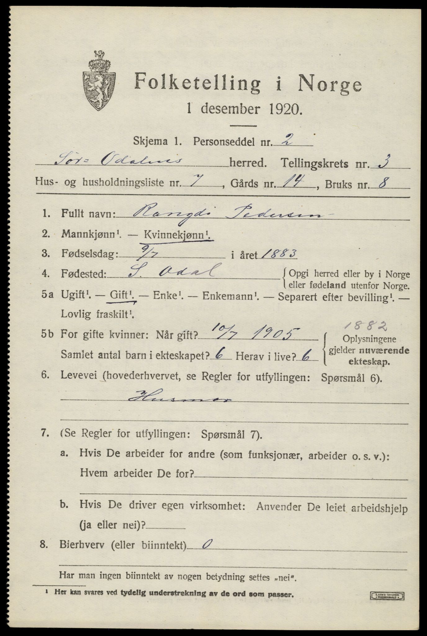 SAH, 1920 census for Sør-Odal, 1920, p. 4321