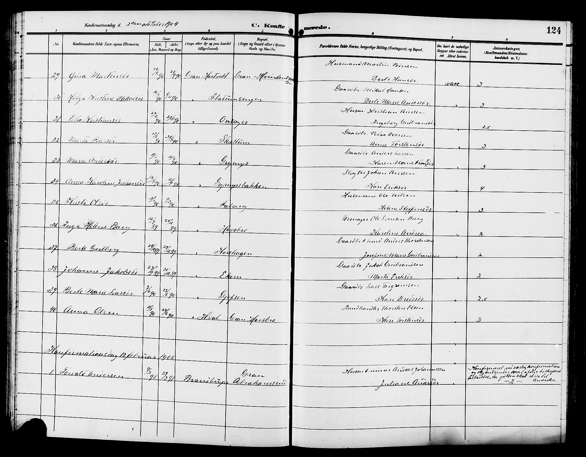 Gran prestekontor, SAH/PREST-112/H/Ha/Hab/L0006: Parish register (copy) no. 6, 1901-1911, p. 124