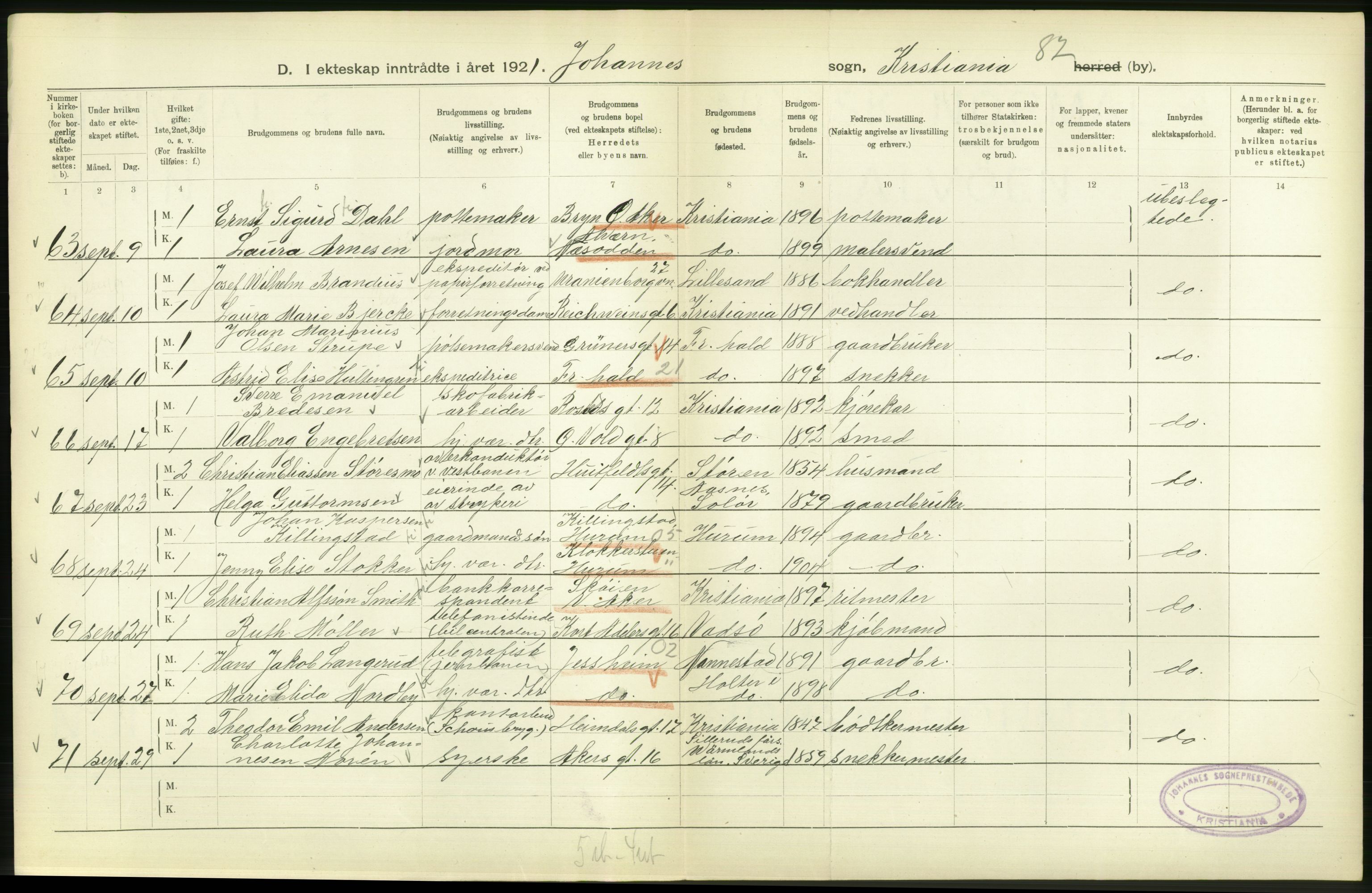 Statistisk sentralbyrå, Sosiodemografiske emner, Befolkning, RA/S-2228/D/Df/Dfc/Dfca/L0011: Kristiania: Gifte, 1921, p. 94