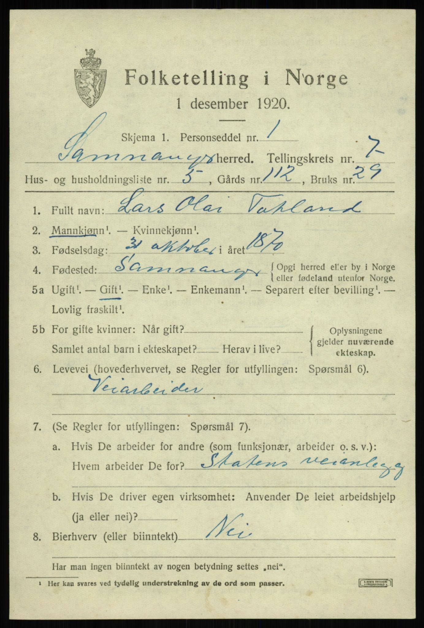 SAB, 1920 census for Samnanger, 1920, p. 2993