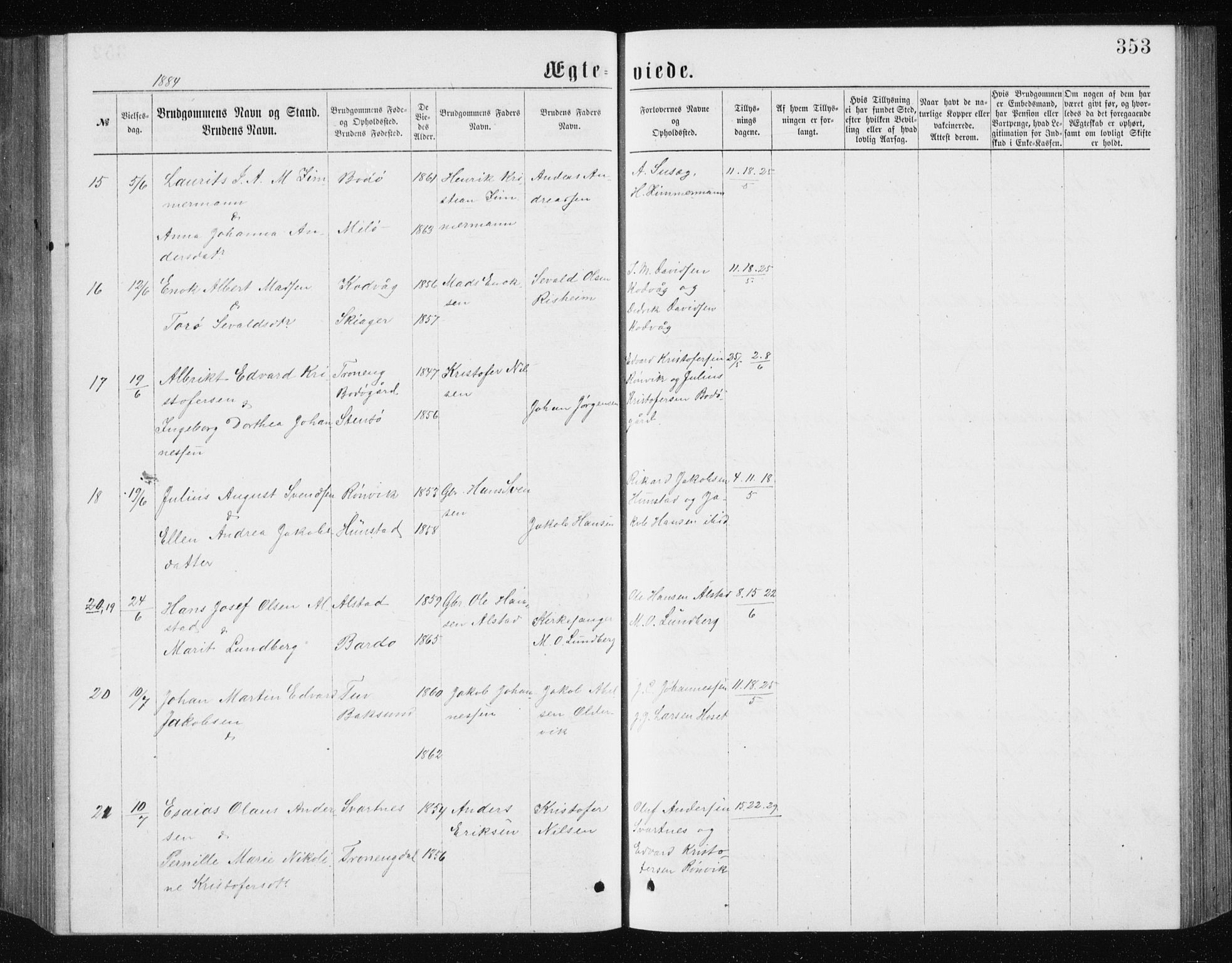 Ministerialprotokoller, klokkerbøker og fødselsregistre - Nordland, AV/SAT-A-1459/801/L0031: Parish register (copy) no. 801C06, 1883-1887, p. 353