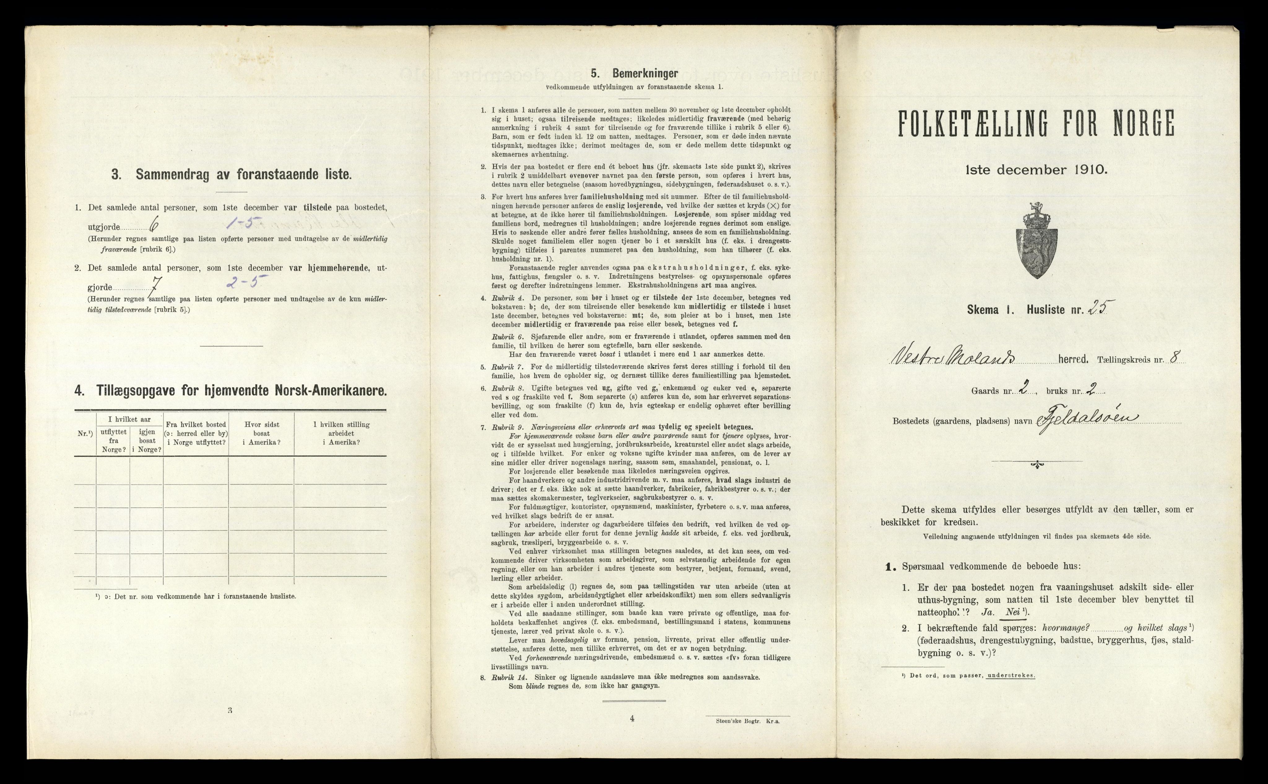 RA, 1910 census for Vestre Moland, 1910, p. 818