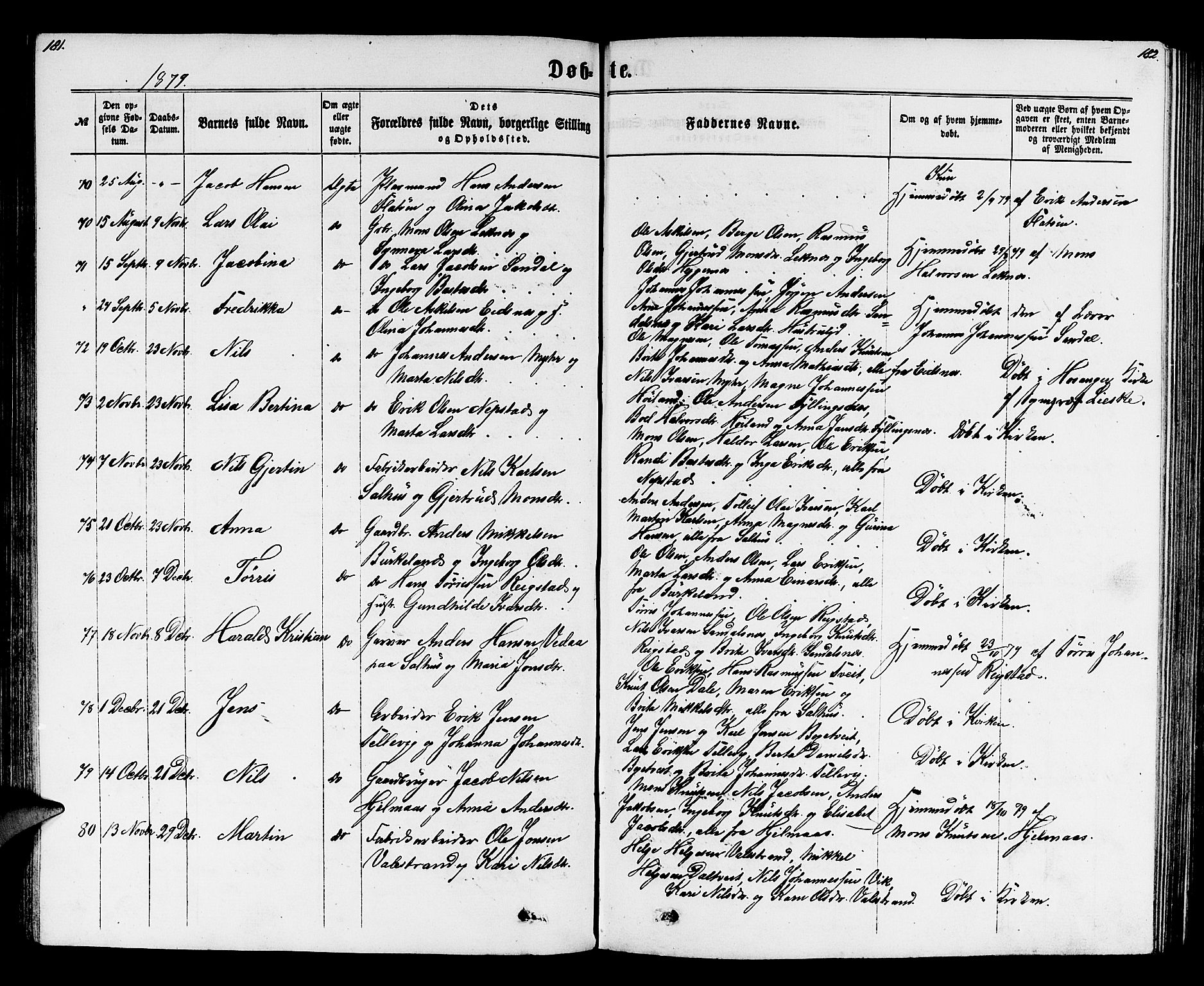 Hamre sokneprestembete, SAB/A-75501/H/Ha/Hab: Parish register (copy) no. B 2, 1863-1880, p. 181-182