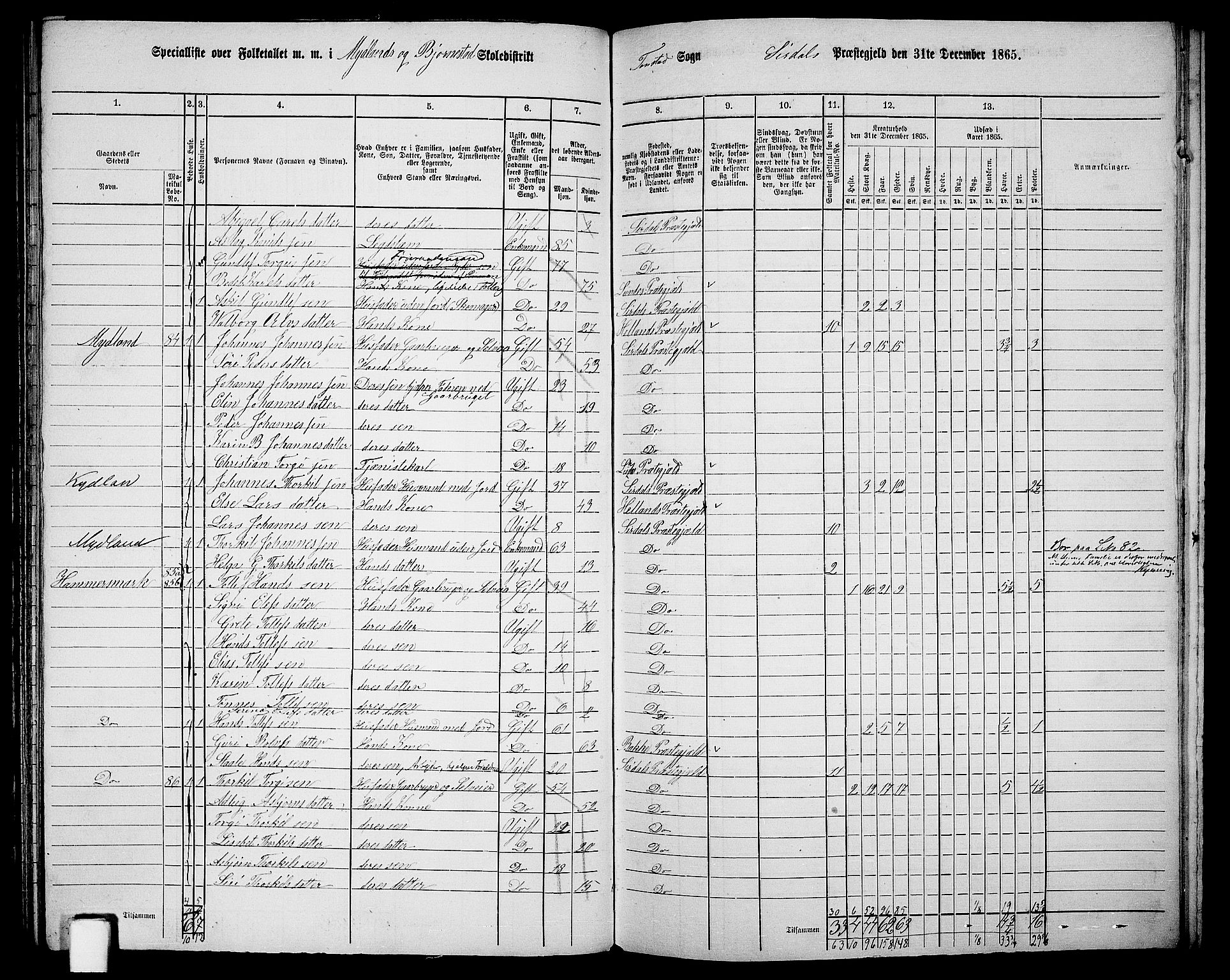 RA, 1865 census for Sirdal, 1865, p. 8