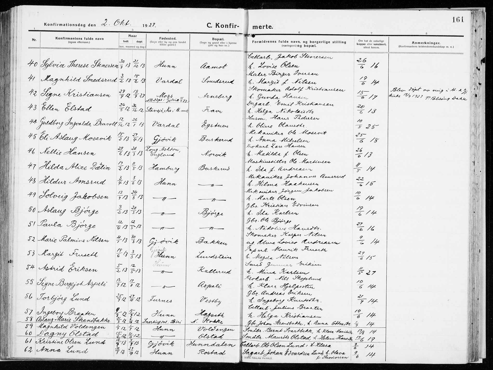 Vardal prestekontor, AV/SAH-PREST-100/H/Ha/Haa/L0017: Parish register (official) no. 17, 1915-1929, p. 161