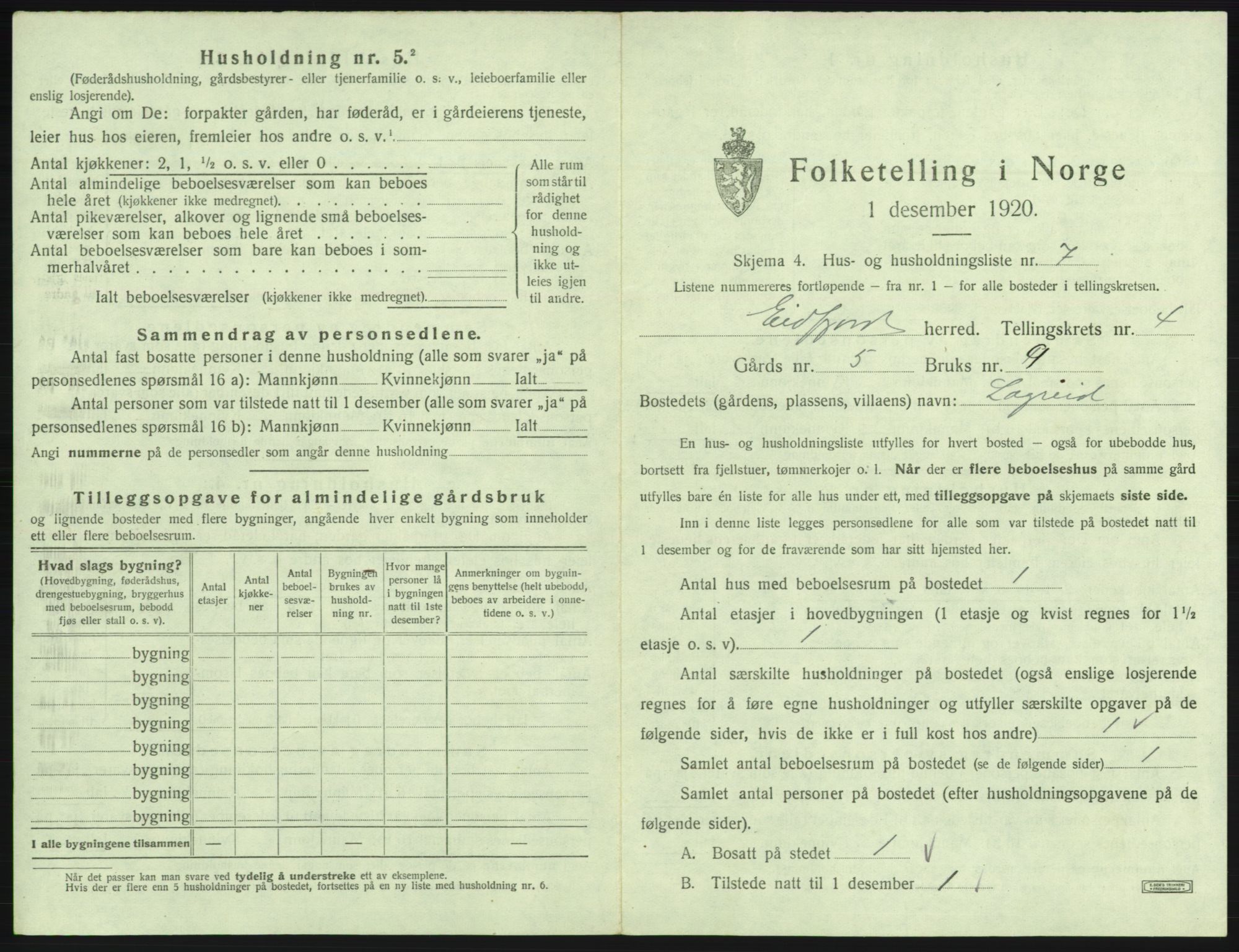 SAB, 1920 census for Eidfjord, 1920, p. 217