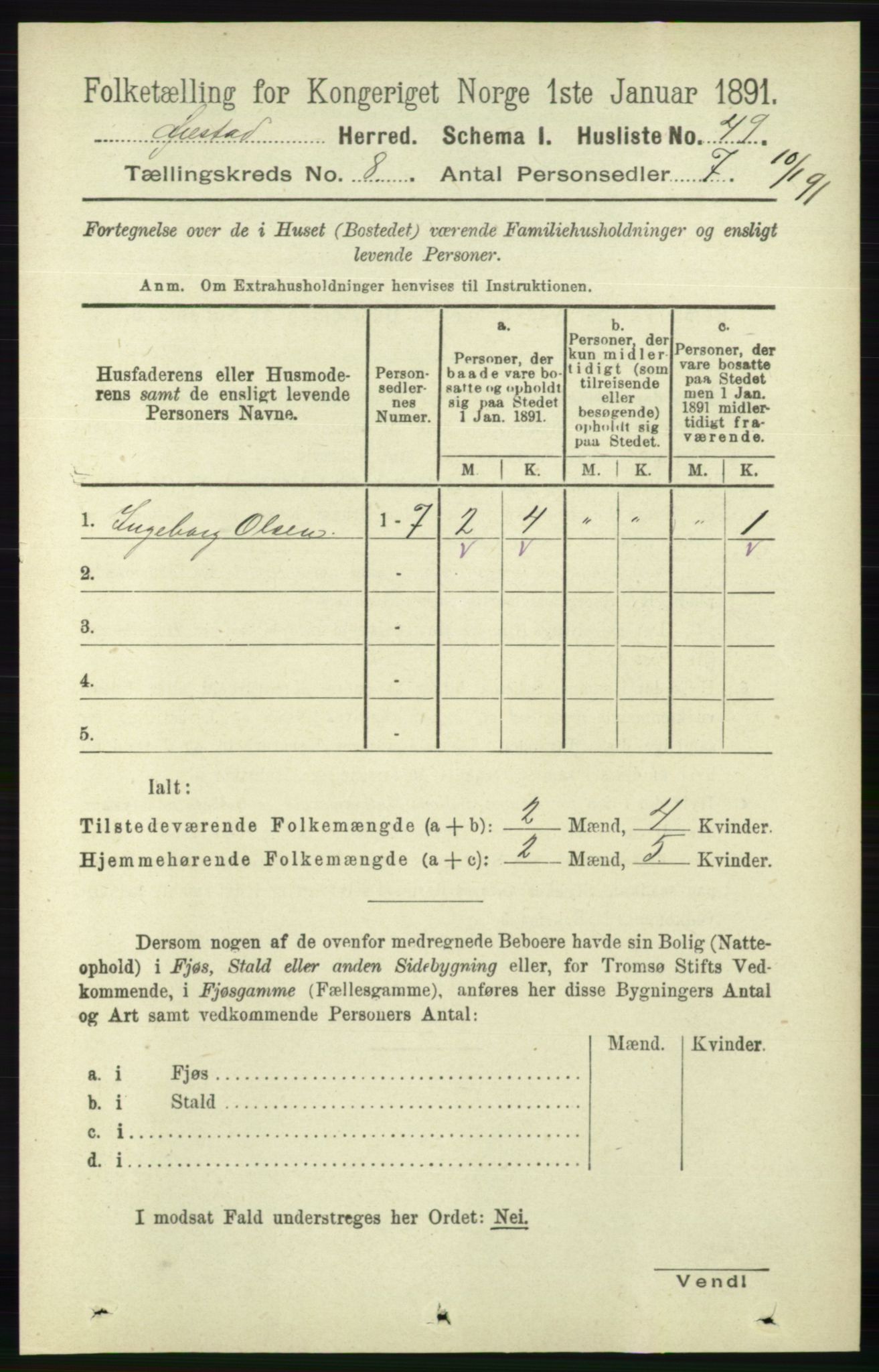 RA, 1891 census for 0920 Øyestad, 1891, p. 3183