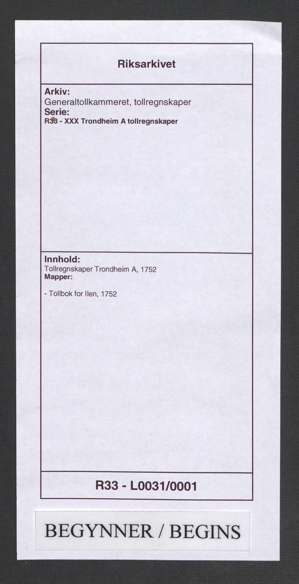 Generaltollkammeret, tollregnskaper, RA/EA-5490/R33/L0031/0001: Tollregnskaper Trondheim A / Tollbok for Ilen, 1752