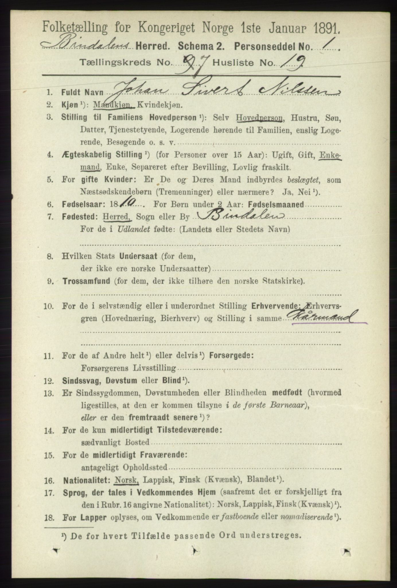 RA, 1891 census for 1811 Bindal, 1891, p. 2369