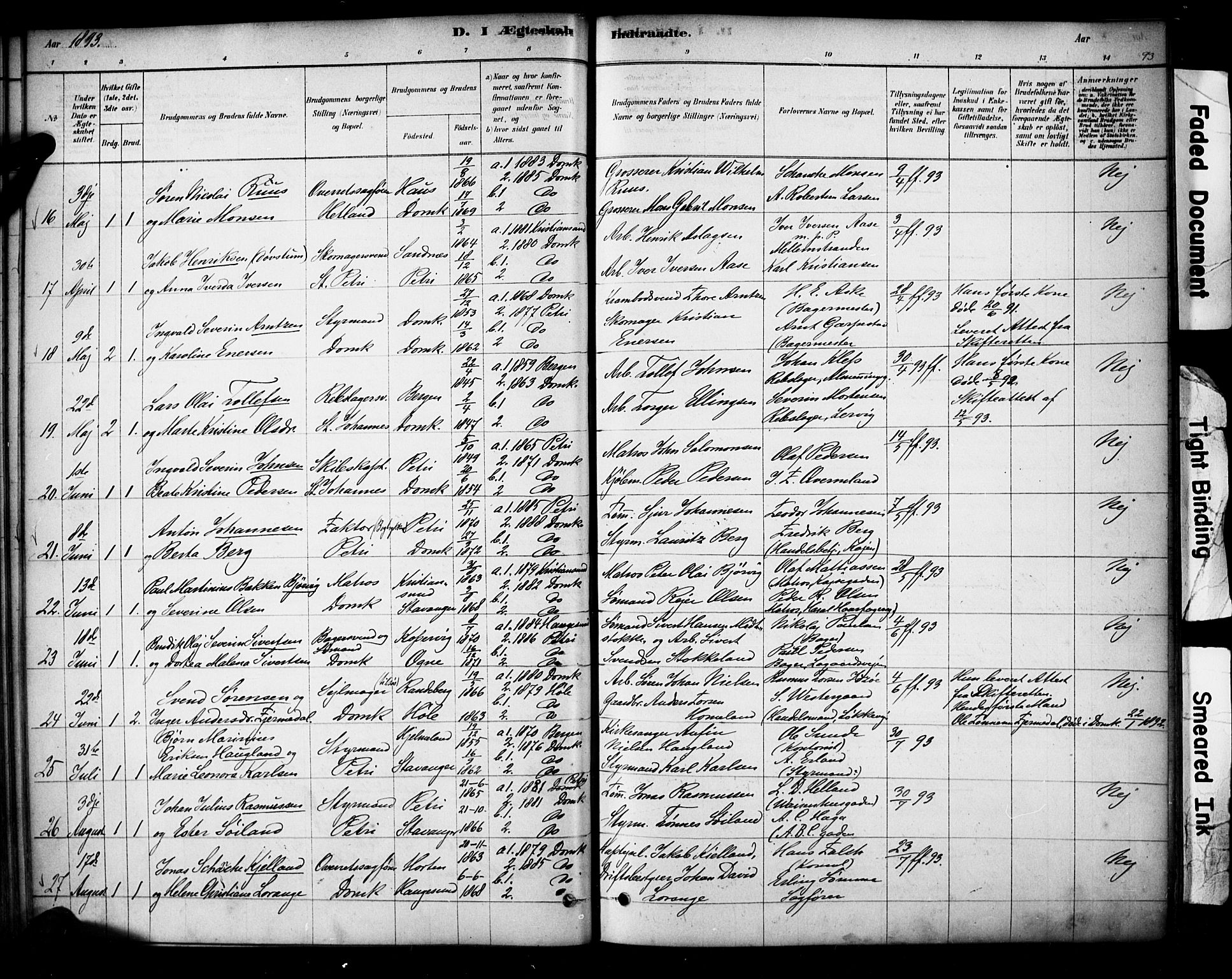Domkirken sokneprestkontor, SAST/A-101812/001/30/30BA/L0029: Parish register (official) no. A 28, 1878-1904, p. 93